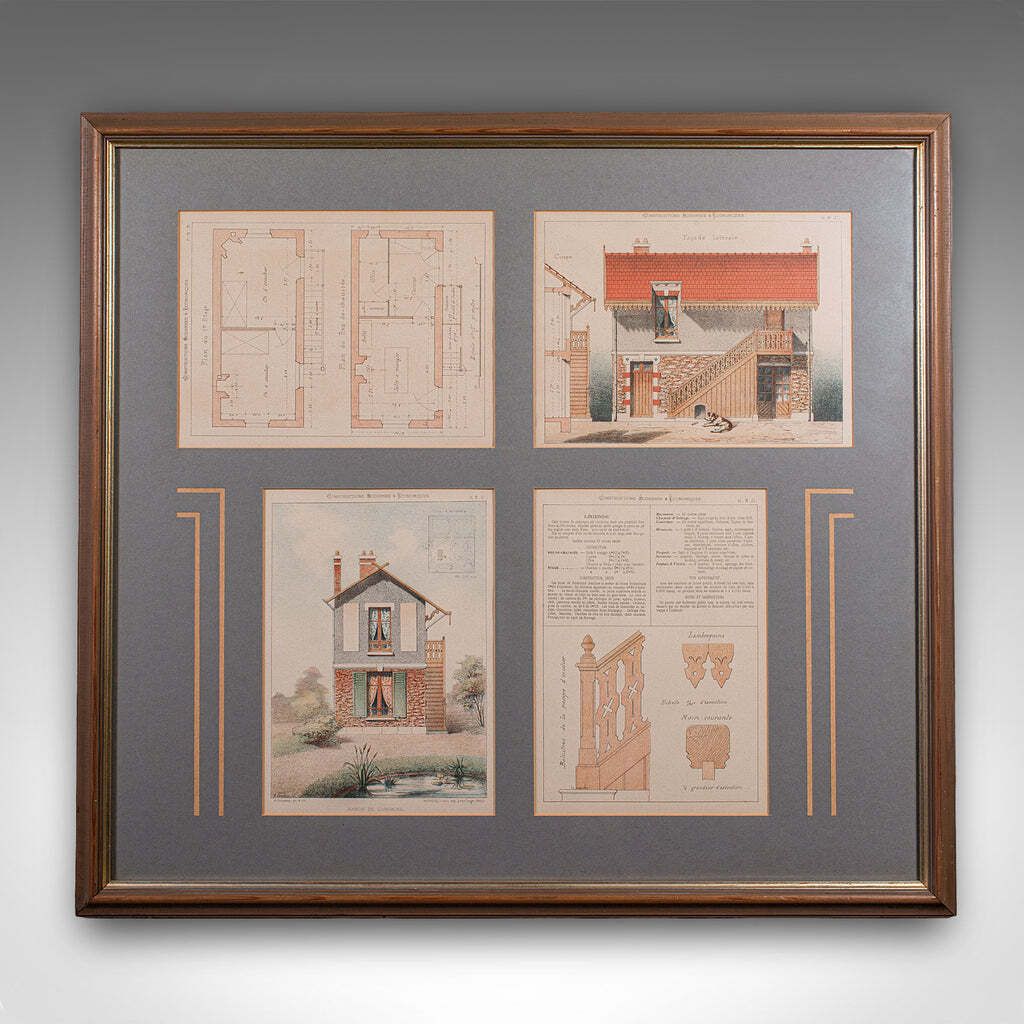 Antique Framed Architectural Plans, French, Industrial Lithograph Art, Victorian photo furniture