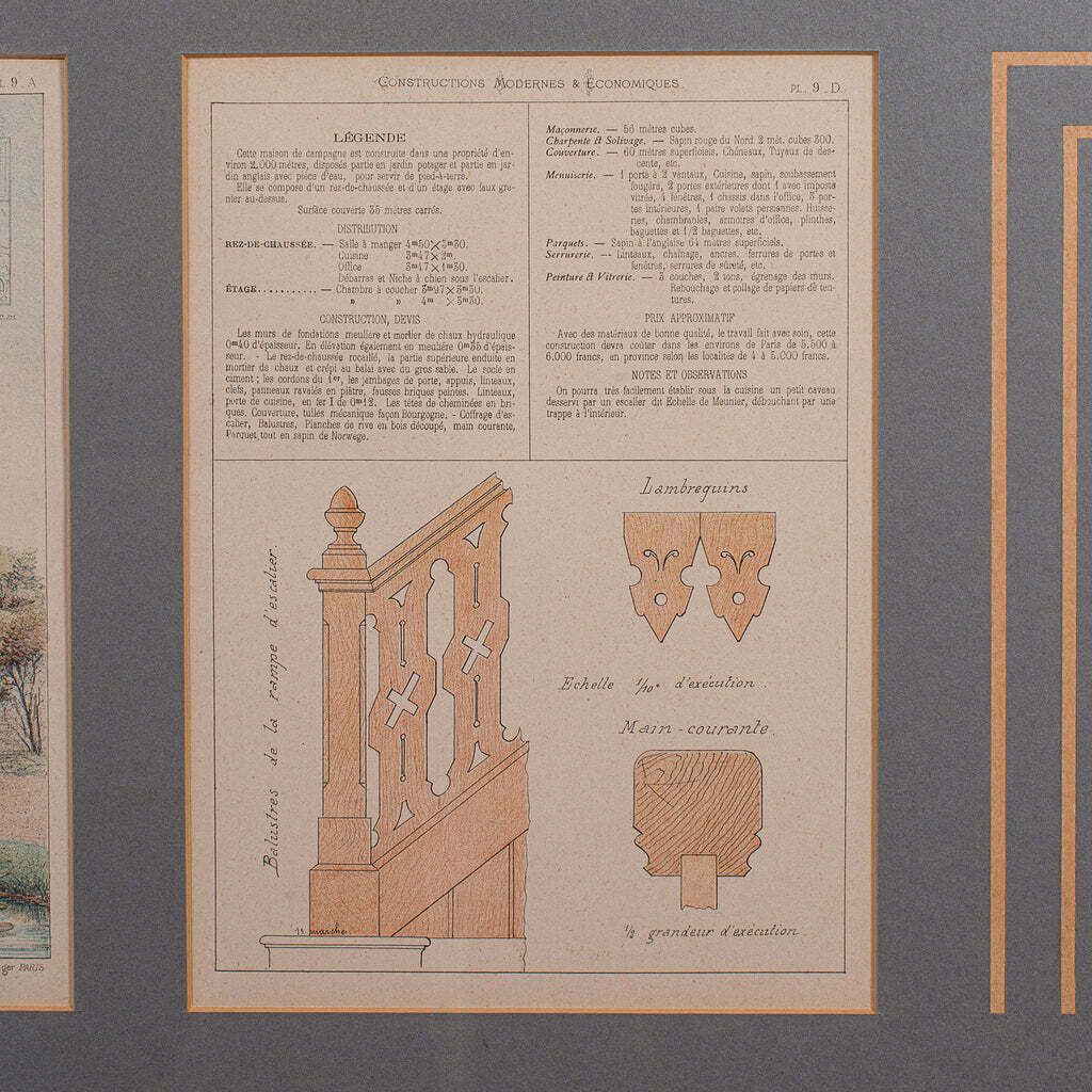 Antique Framed Architectural Plans, French, Industrial Lithograph Art, Victorian photo vintage