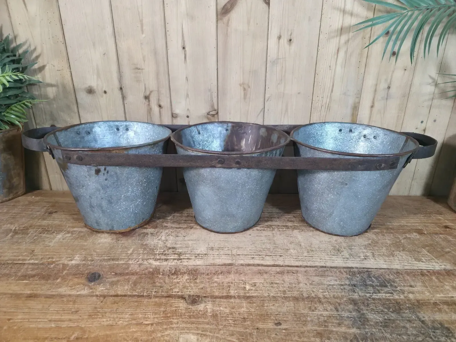 Rustic Reclaimed Hand Made Galvanised Metal Triple Pot Garden Planter photo Garden Decor