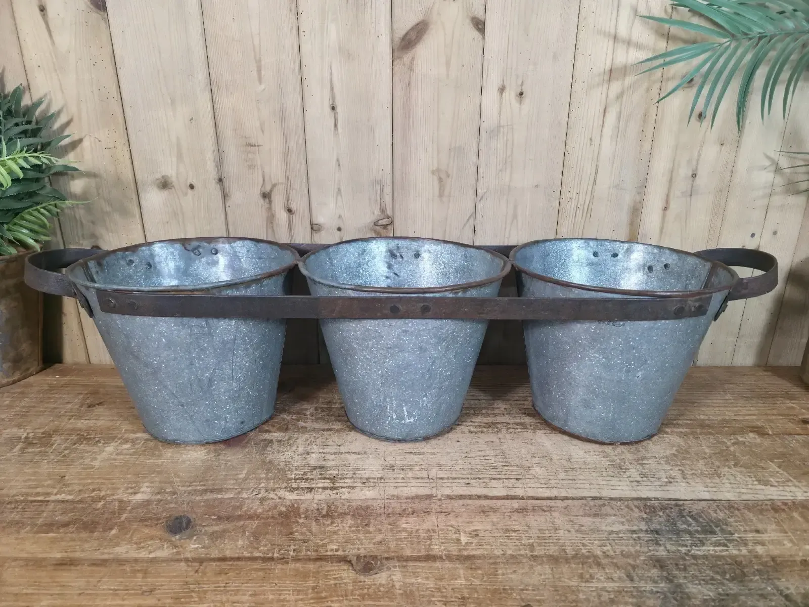 photo furniture Rustic Reclaimed Hand Made Galvanised Metal Triple Pot Garden Planter