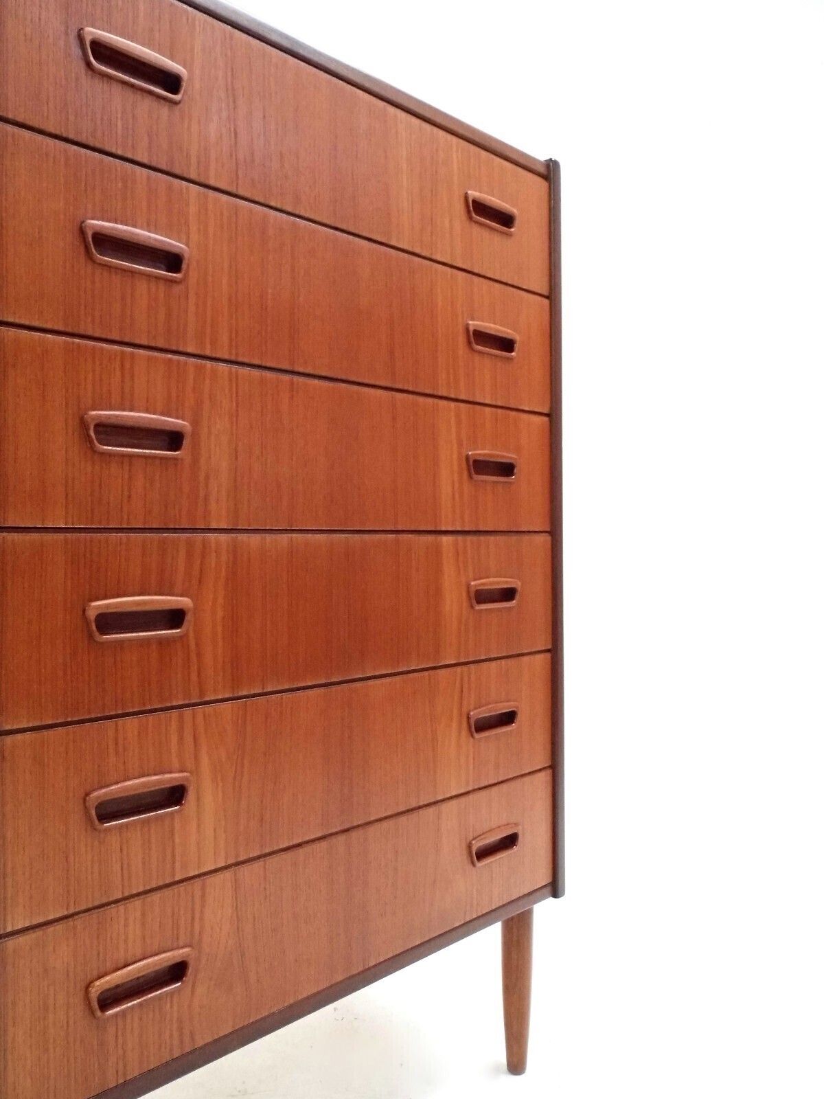 Danish Teak Tallboy Chest Of Drawers Sculptured Recessed Handles Midcentury 1960s photo for sale