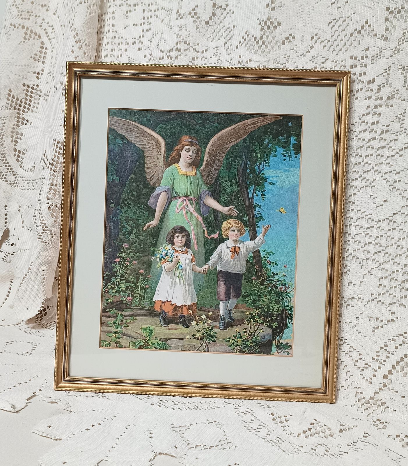 photo furniture Antique Chromolithograph The Guardian Angel Protecting Boy And Girl Framed.