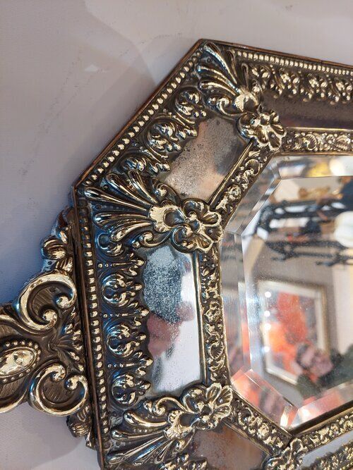 Victorian Embossed Brass Cushion Framed Mirror photo for sale