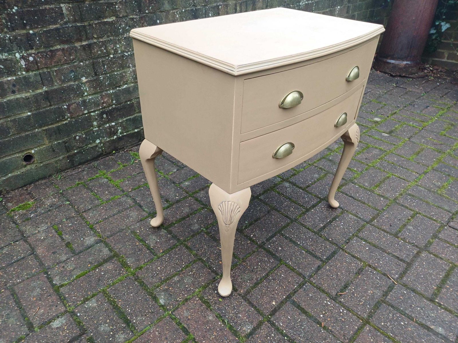 Vintage Mid Century Chest Of Drawers Bedside Cabinet Mustard Oat Beige Painted Side Table Brass Cup Handles Cabriole Legs photo for sale