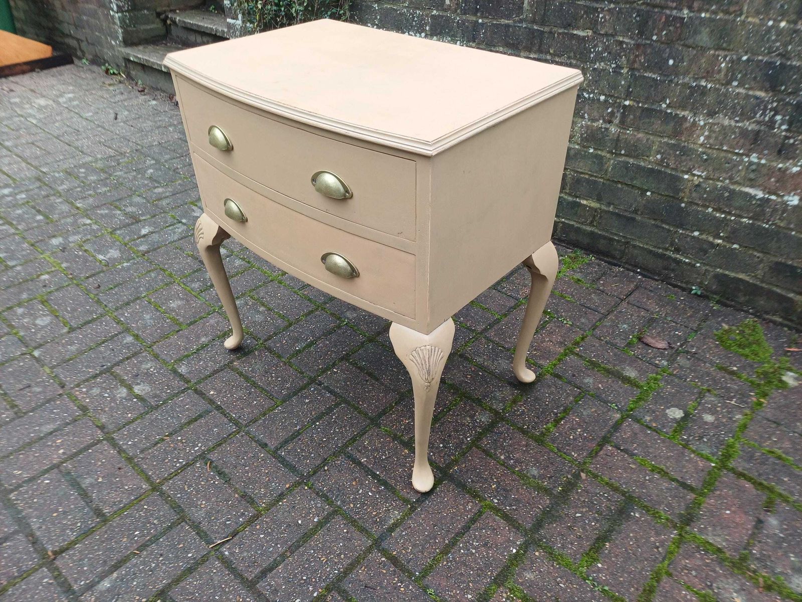 Furniture Vintage Mid Century Chest Of Drawers Bedside Cabinet Mustard Oat Beige Painted Side Table Brass Cup Handles Cabriole Legs photo