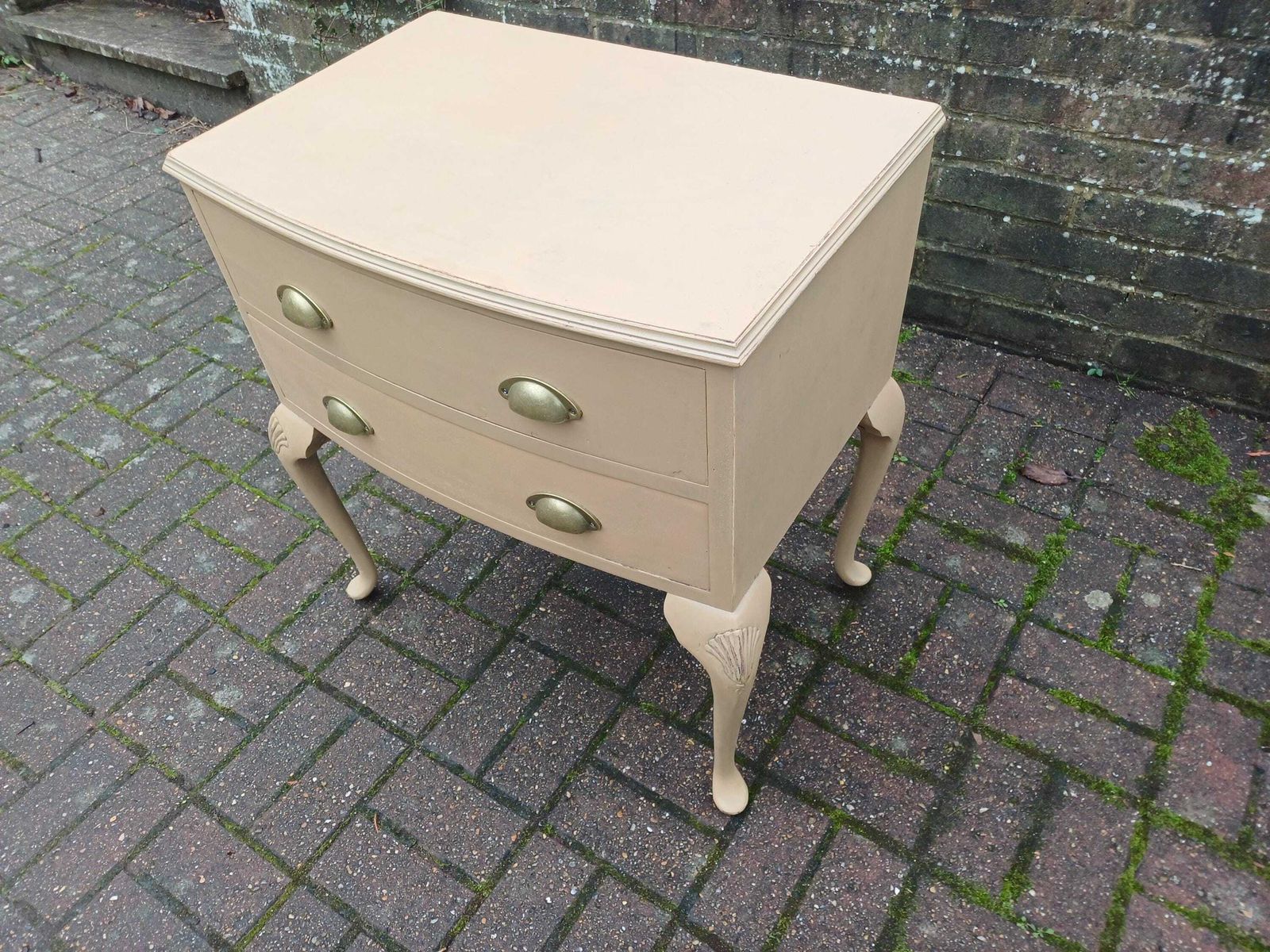 photo buy Vintage Mid Century Chest Of Drawers Bedside Cabinet Mustard Oat Beige Painted Side Table Brass Cup Handles Cabriole Legs