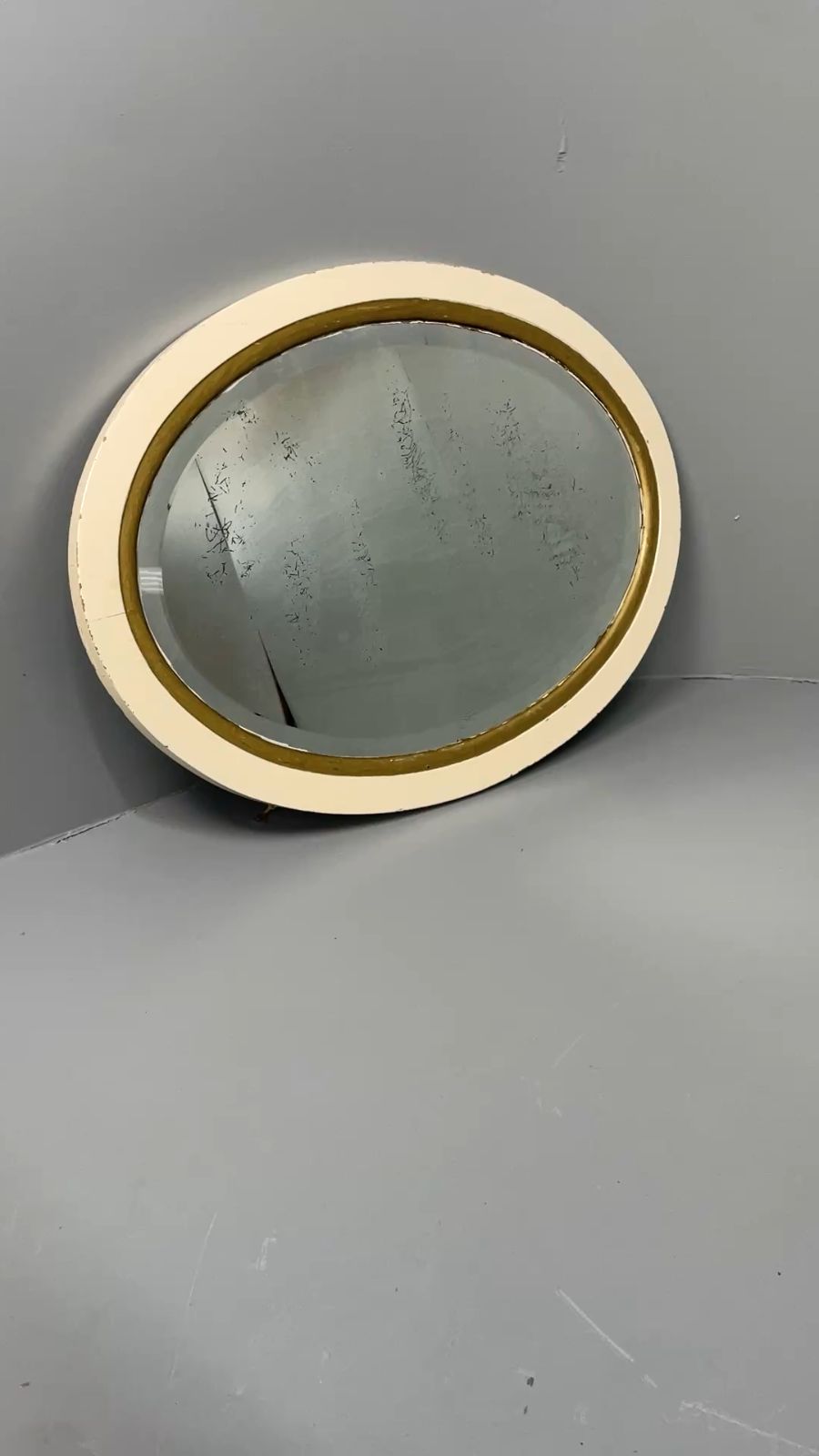 Antique Oval Wall Mirror White & Gold Painted Bevelled Patina photo furniture