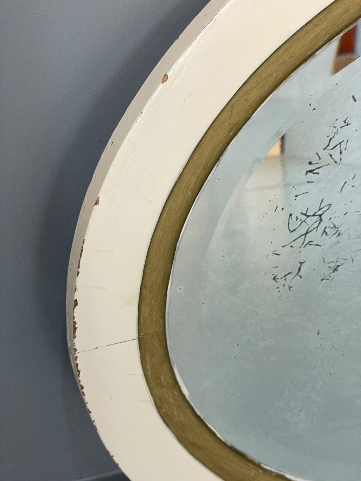 Antique Oval Wall Mirror White & Gold Painted Bevelled Patina photo vinterior