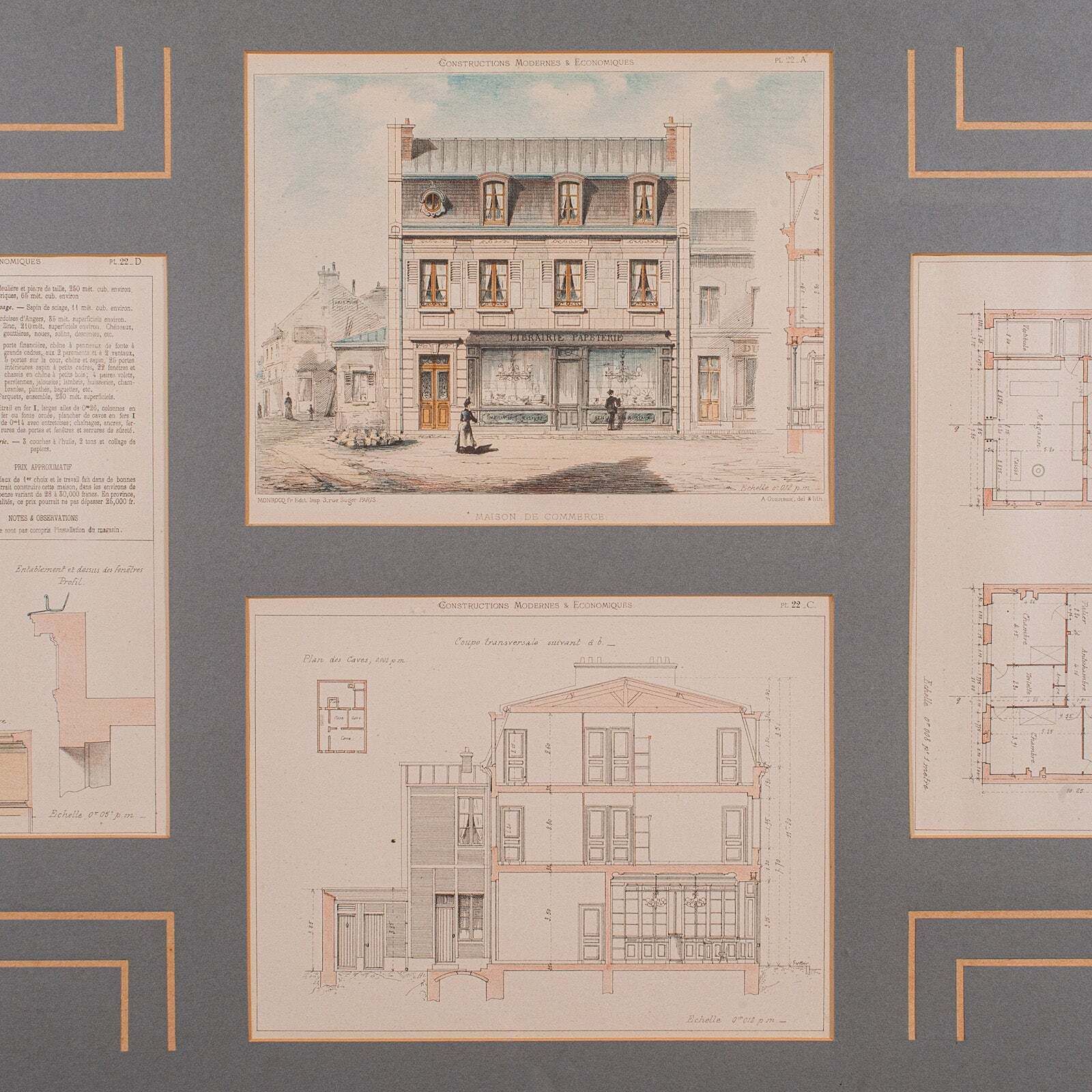 Antique Set Of Architectural Plans, French, Framed Lithographs, Art, Victorian photo Art