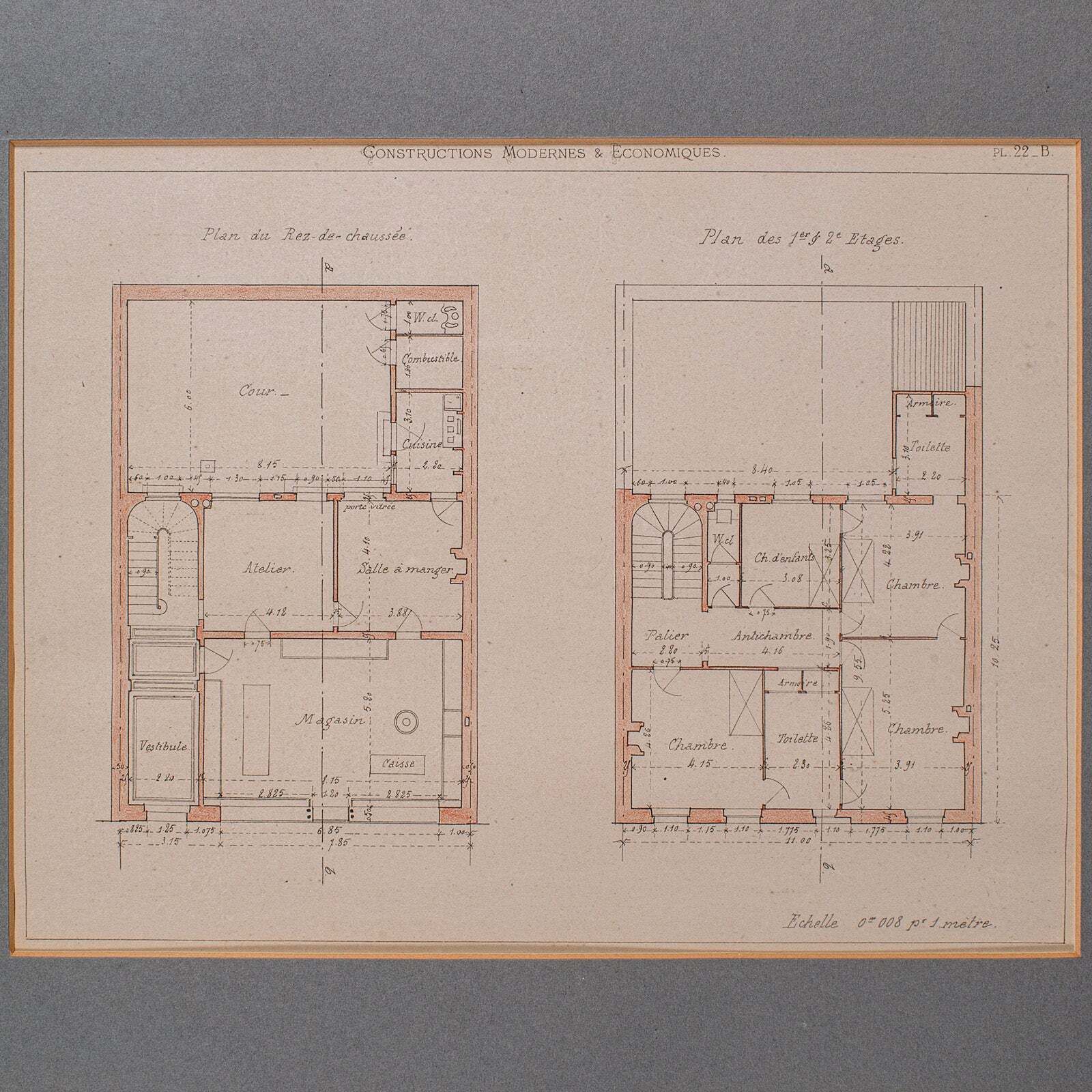 Antique Set Of Architectural Plans, French, Framed Lithographs, Art, Victorian photo vintage