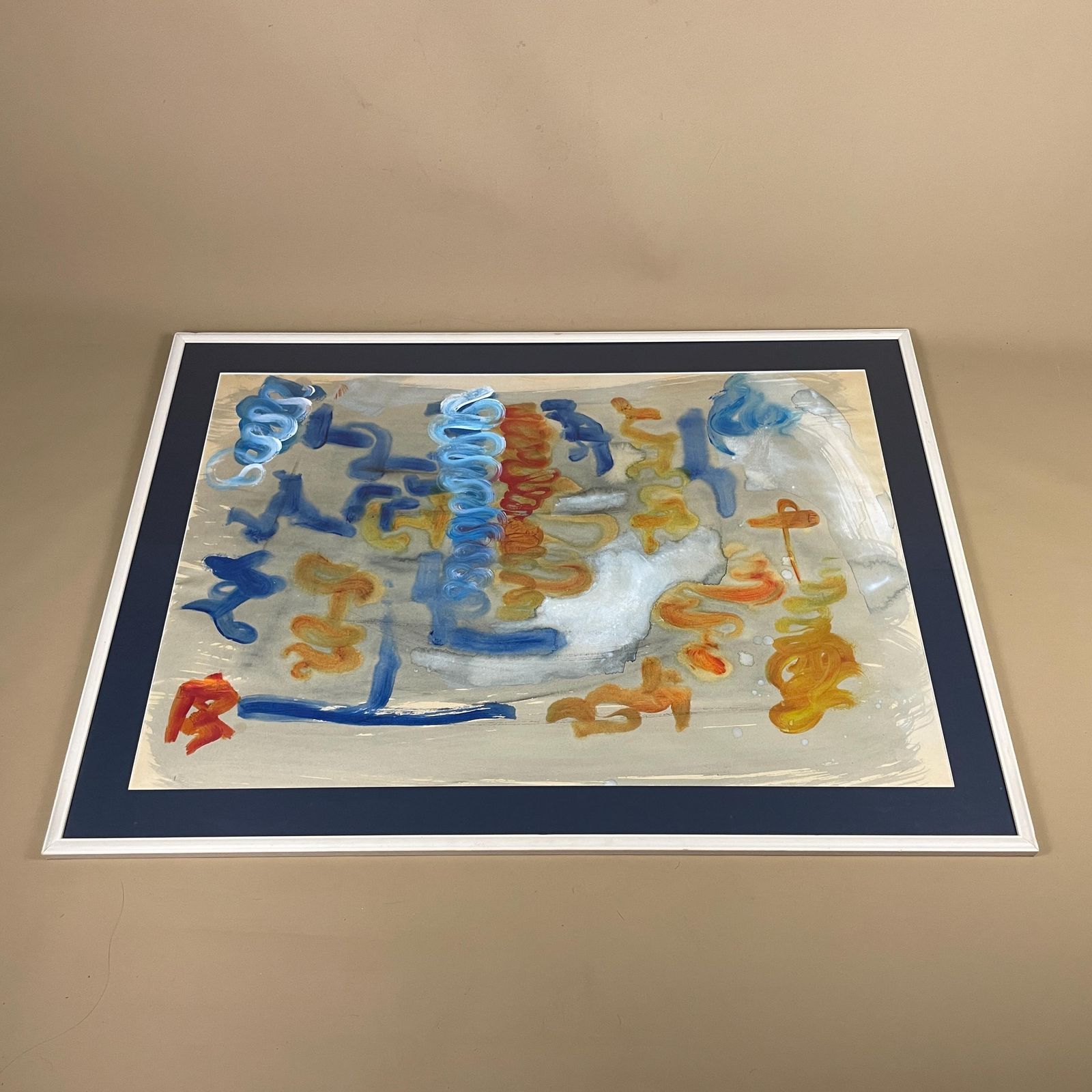 Vintage Abstract Painting Framed Modernist Watercolour Mixed Media Art Picture Artwork Mid Century Wall Decor Large Blue Wooden Frame photo furniture