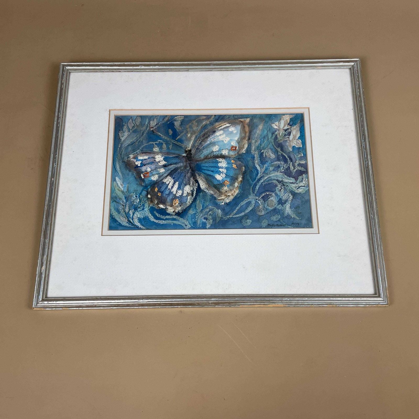 Blue Butterfly Watercolour Painting Signed 1979 Phyllis Holder Framed Artwork Painted Silver Wooden Framed Art Picture Rectangular