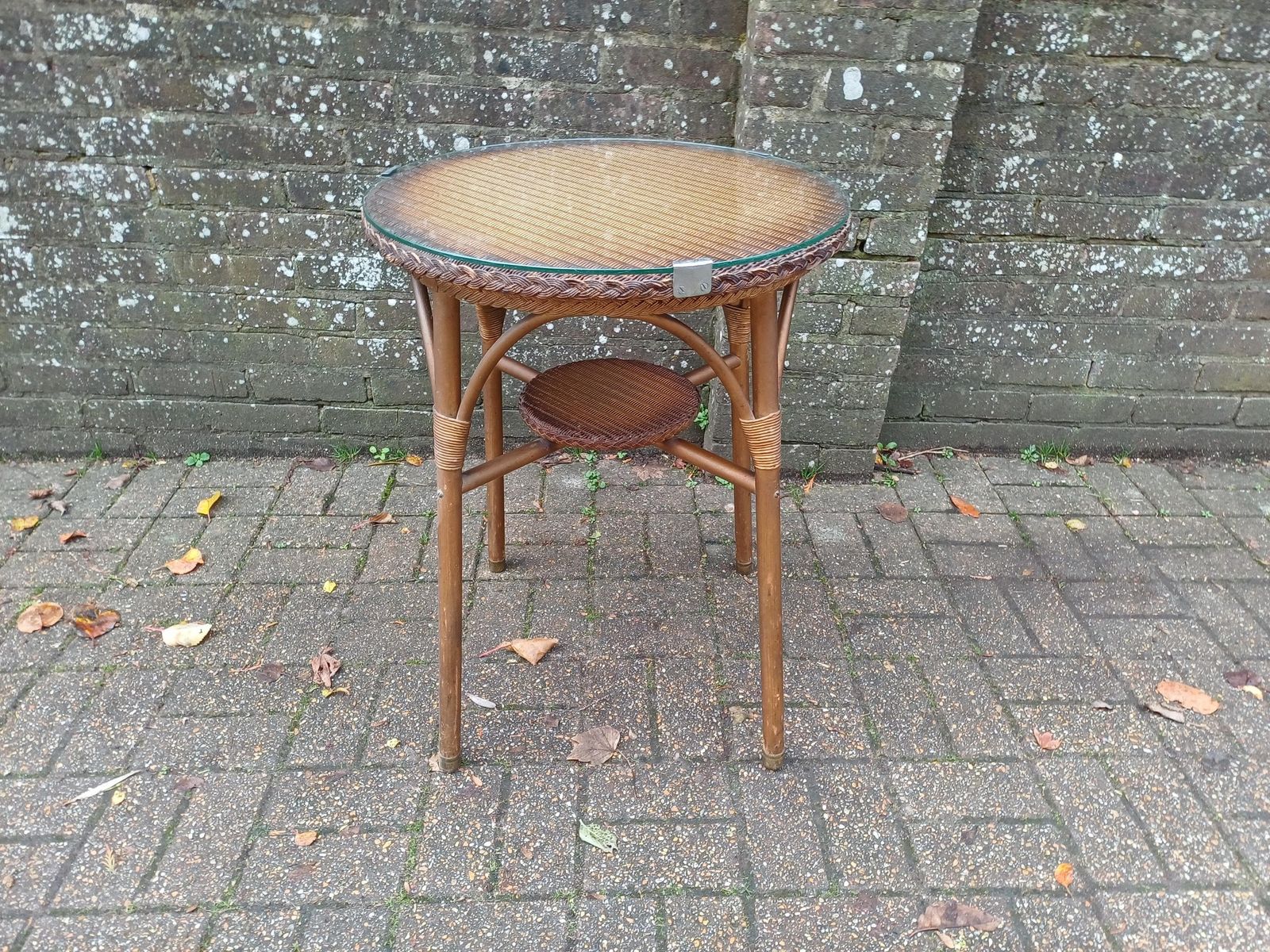 Vintage Lloyd Loom Style Wicker Side Table Gold Glass Top Brass Feet 1930s Occasional Conservatory Bedside Or Living Room Free Hand Delivery