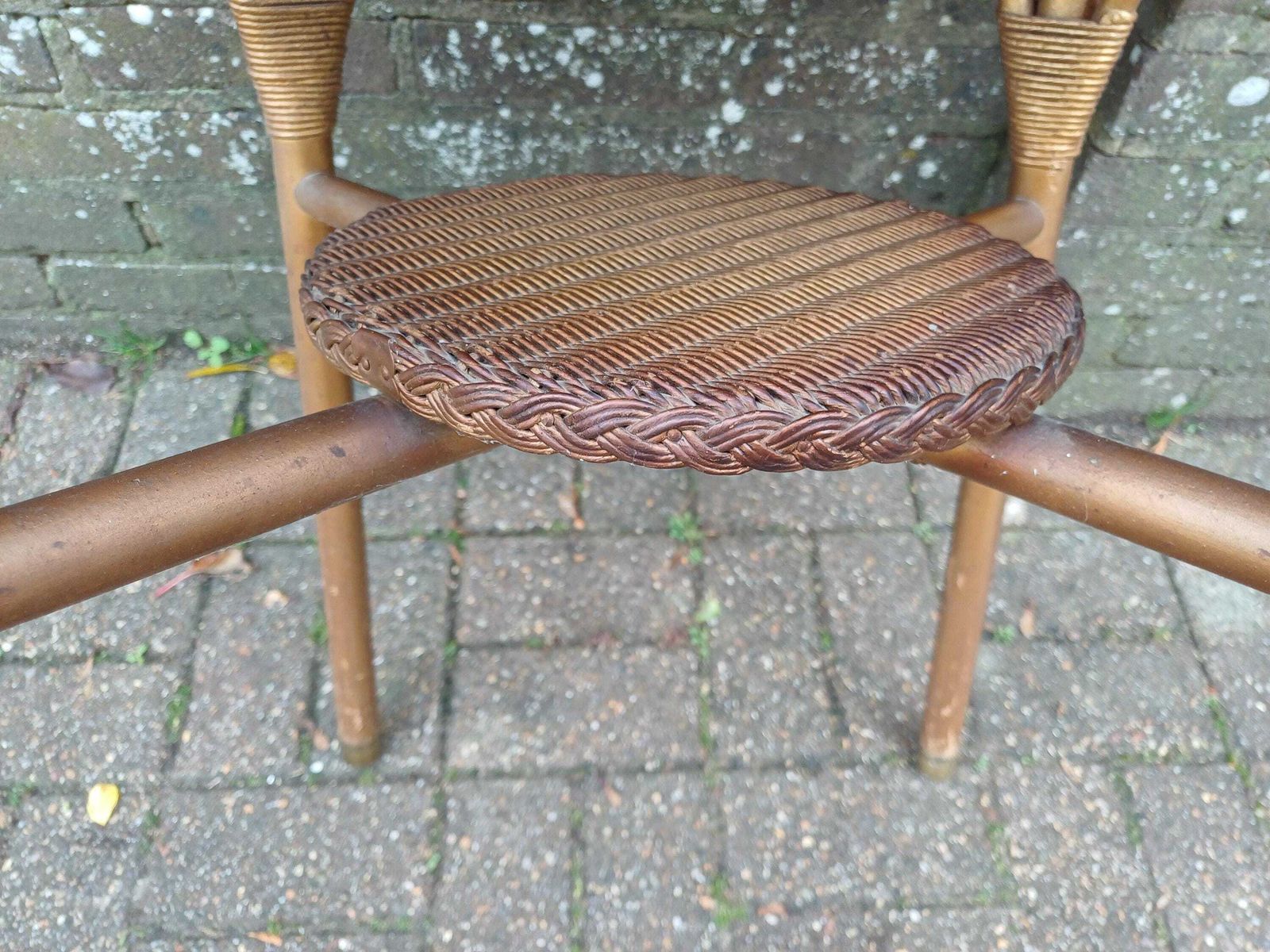 photo vintage Vintage Lloyd Loom Style Wicker Side Table Gold Glass Top Brass Feet 1930s Occasional Conservatory Bedside Or Living Room Free Hand Delivery