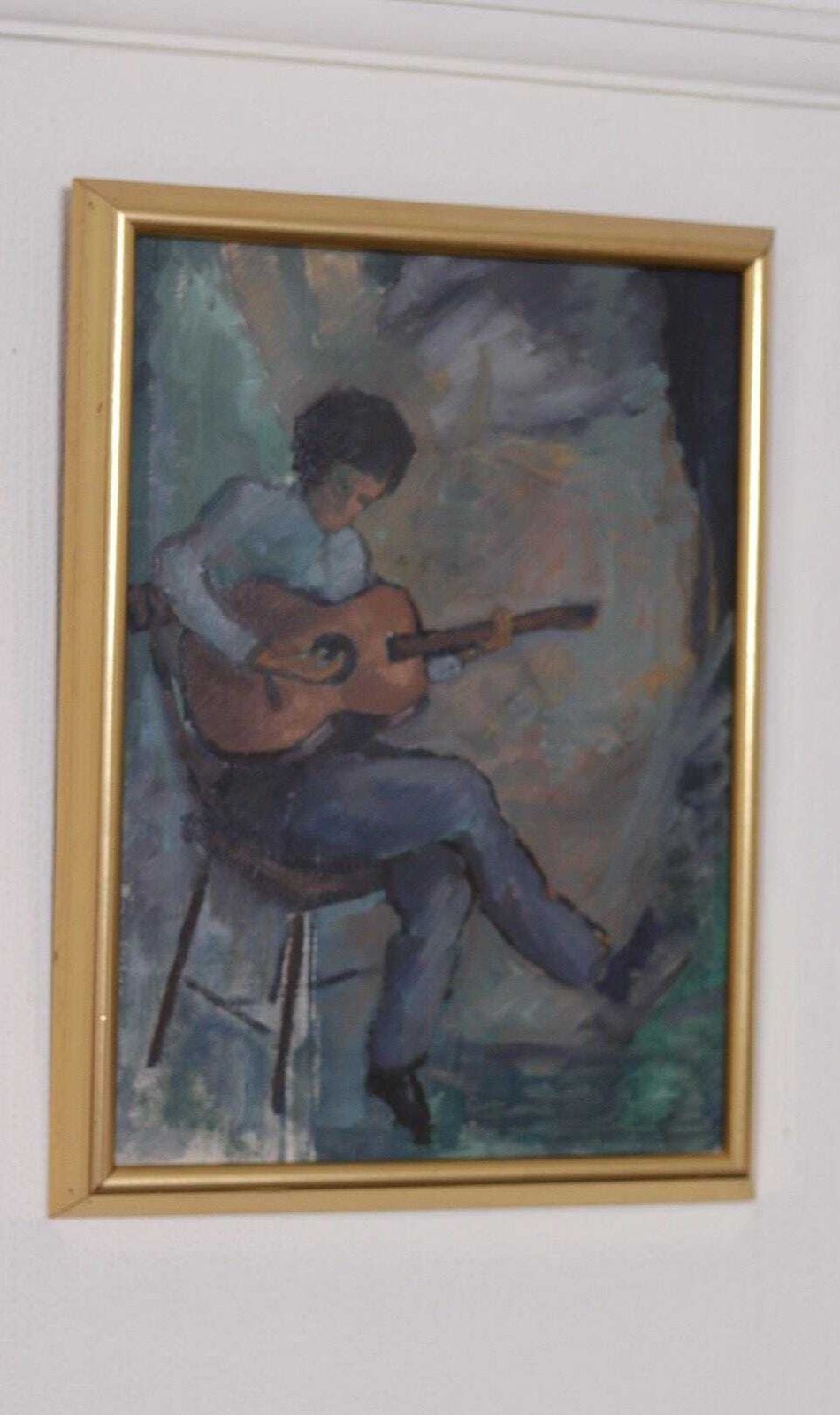 Original Swedish Oil On Canvas – “Troubadour With His Guitar” By Calle Svensson – åmål,Dalsland – Vintage, Framed 34 × 46 Cm (13.4" × 18.1") photo 345.0