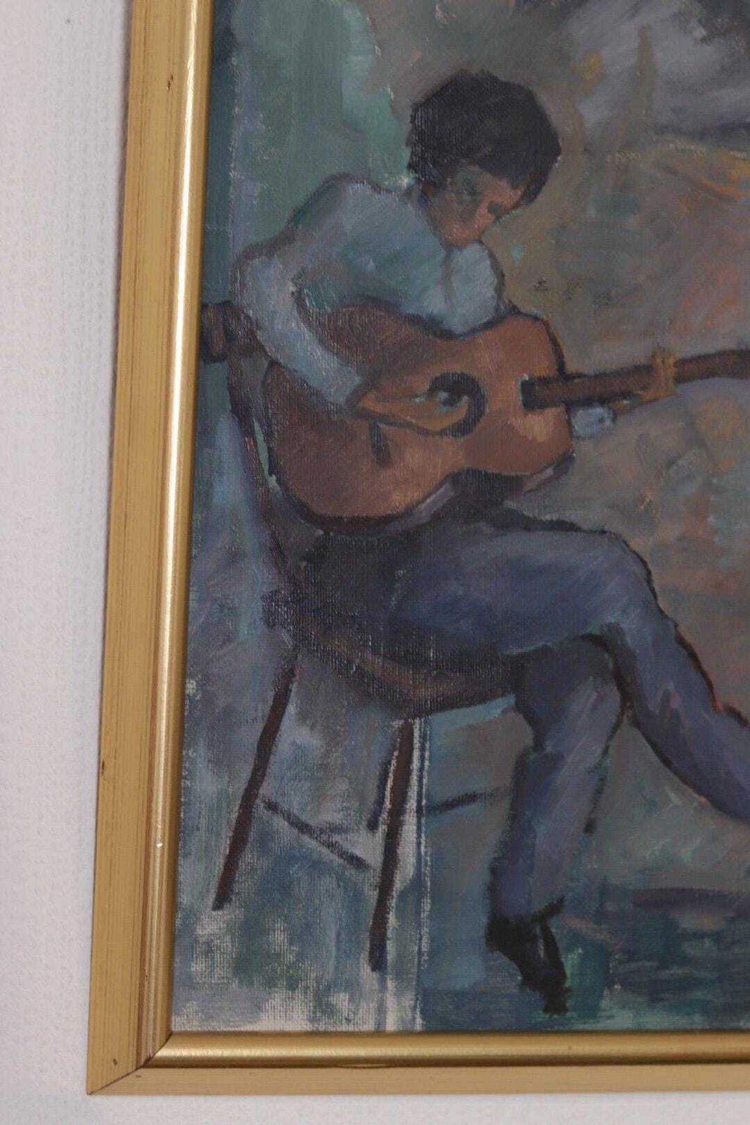 photo vinterior Original Swedish Oil On Canvas – “Troubadour With His Guitar” By Calle Svensson – åmål,Dalsland – Vintage, Framed 34 × 46 Cm (13.4" × 18.1")