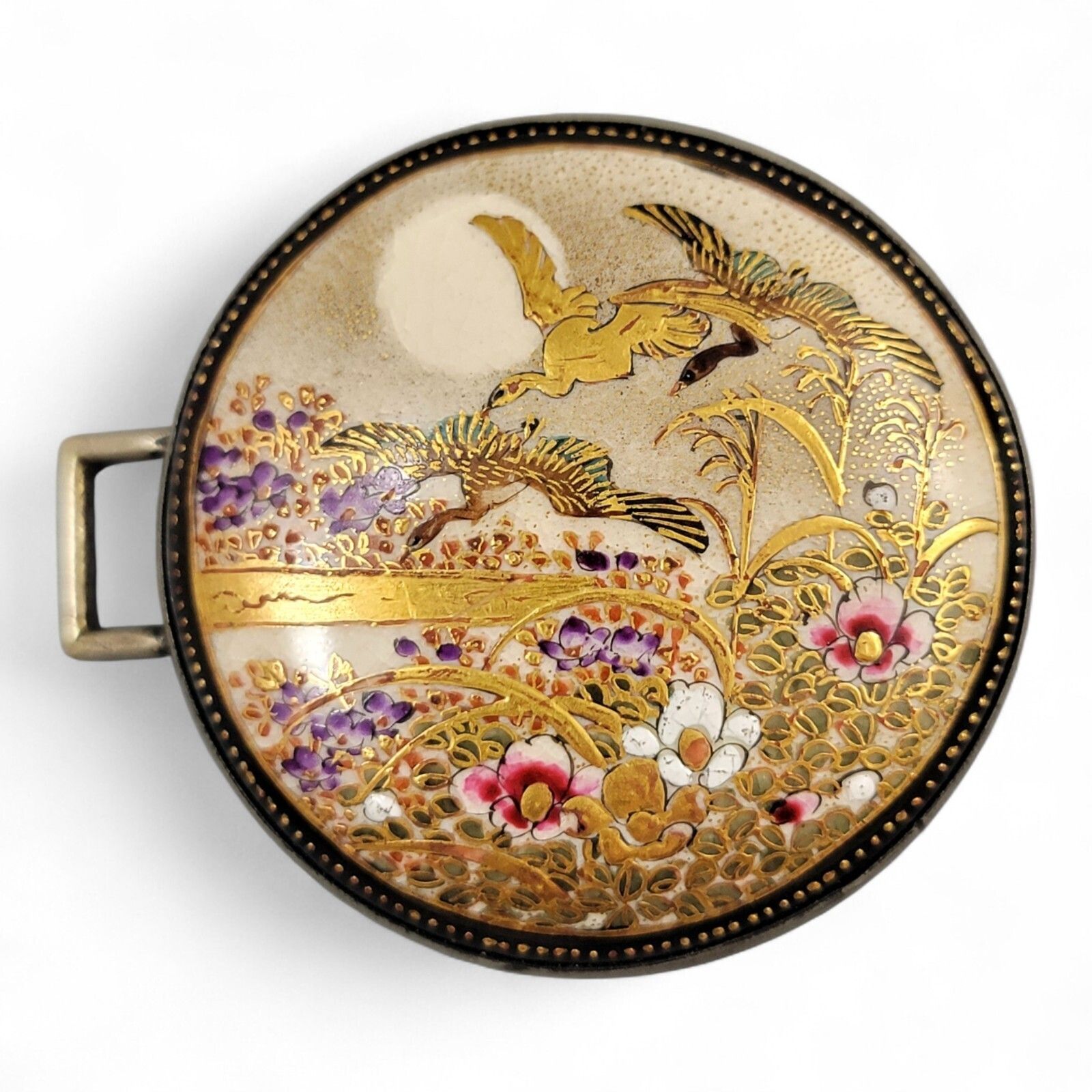 Atique Japanese Kyō Satsuma Silver Art Buckle, Kyoto C.1890–1915, Fine Quality photo vintage