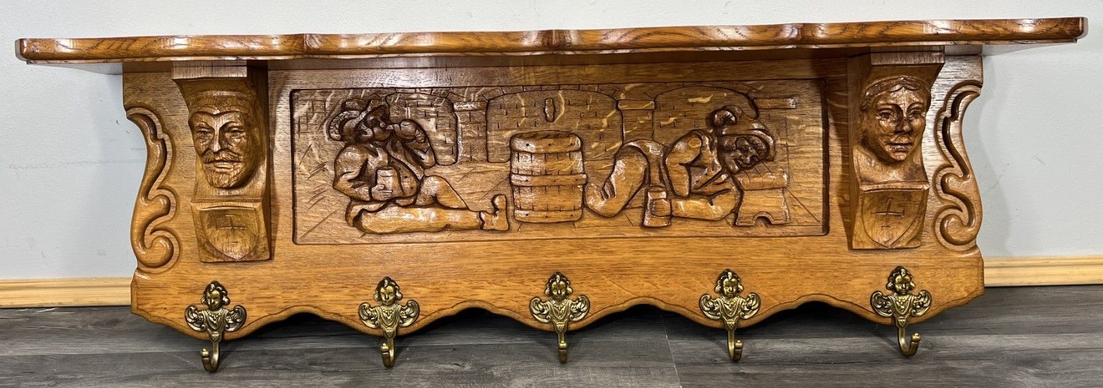 French Vintage Style Coat Rack Oak 5 Hooks Ornate Wall Shelf Coat Lot 4693 photo furniture