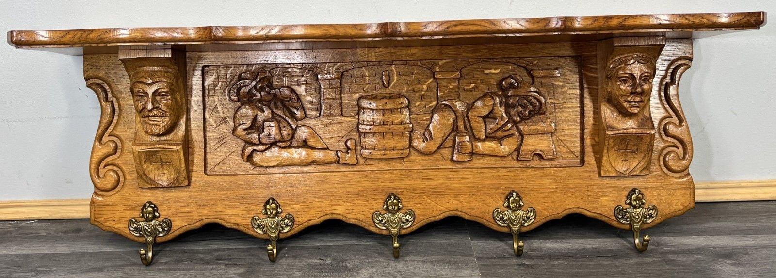 French Vintage Style Coat Rack Oak 5 Hooks Ornate Wall Shelf Coat Lot 4693 photo for sale