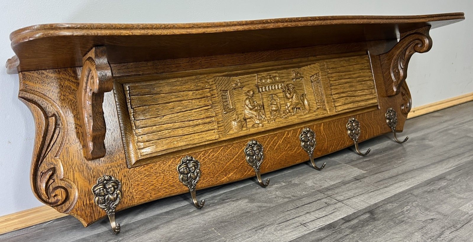 French Vintage Style Coat Rack Oak 6 Hooks Ornate Wall Shelf Coat Lot 4692 photo for sale