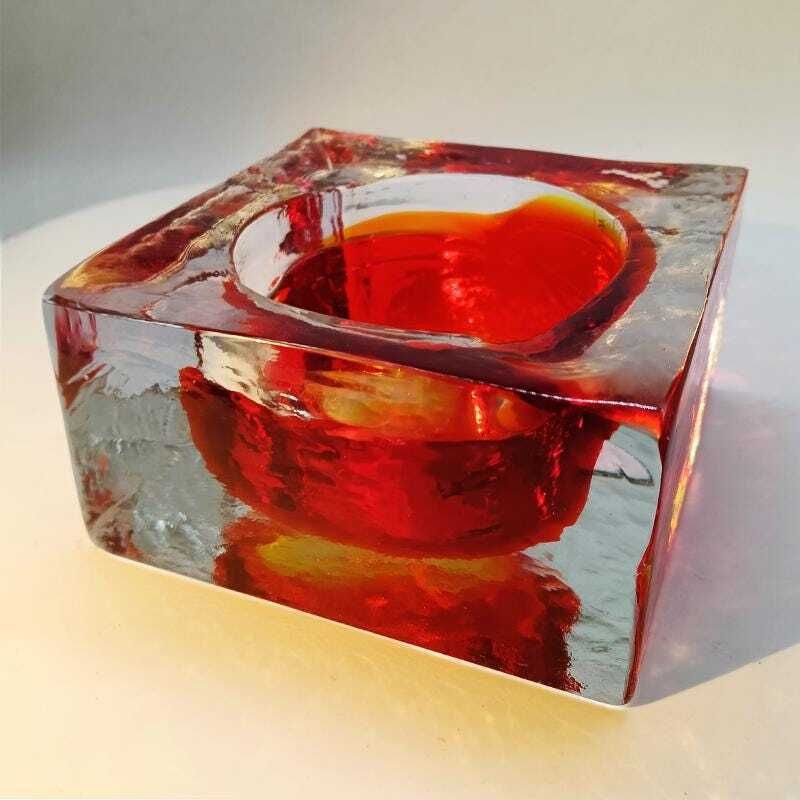 1960s Big Square Ashtray Or Catch All In Handcrafted Murano Glass By Flavio Poli For Seguso.
