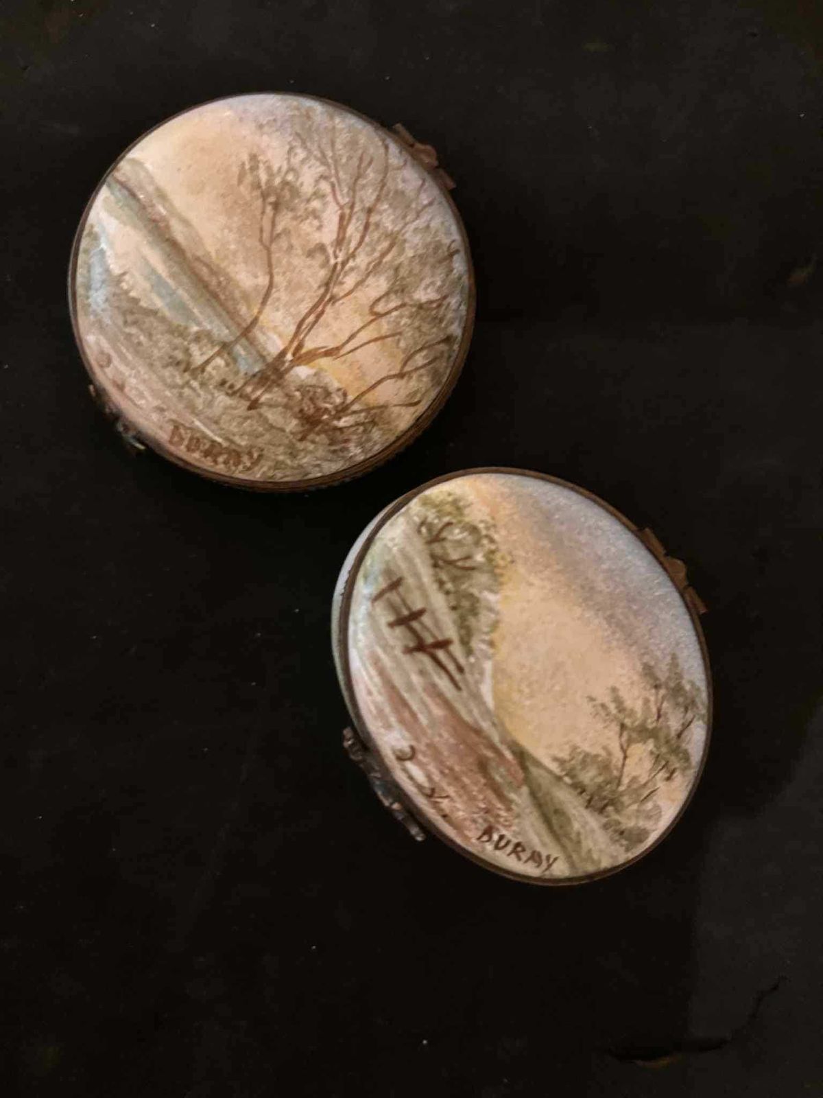 Set Of 2 Hand Painted French Porcelain Trinket Pill Boxes – Signed Buray – Landscapes With Bronze Mounts photo 230.0