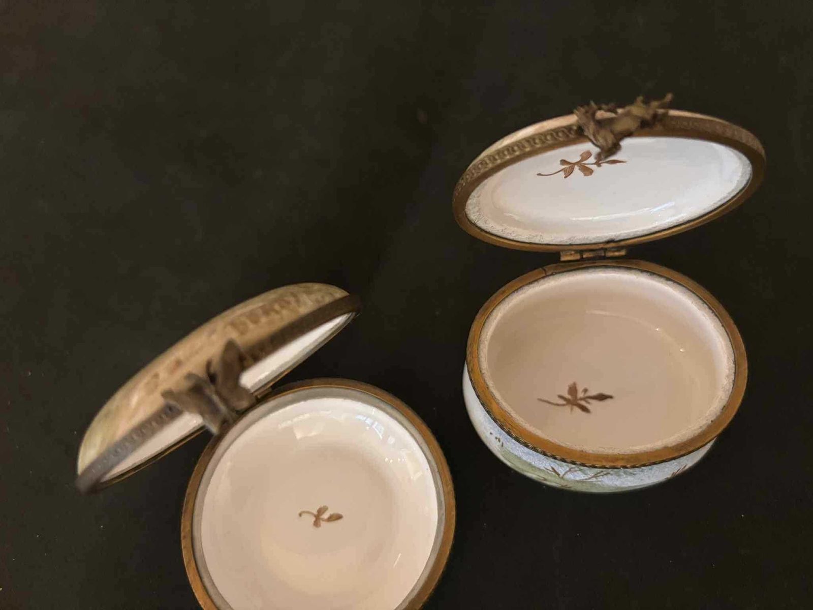photo for sale Set Of 2 Hand Painted French Porcelain Trinket Pill Boxes – Signed Buray – Landscapes With Bronze Mounts