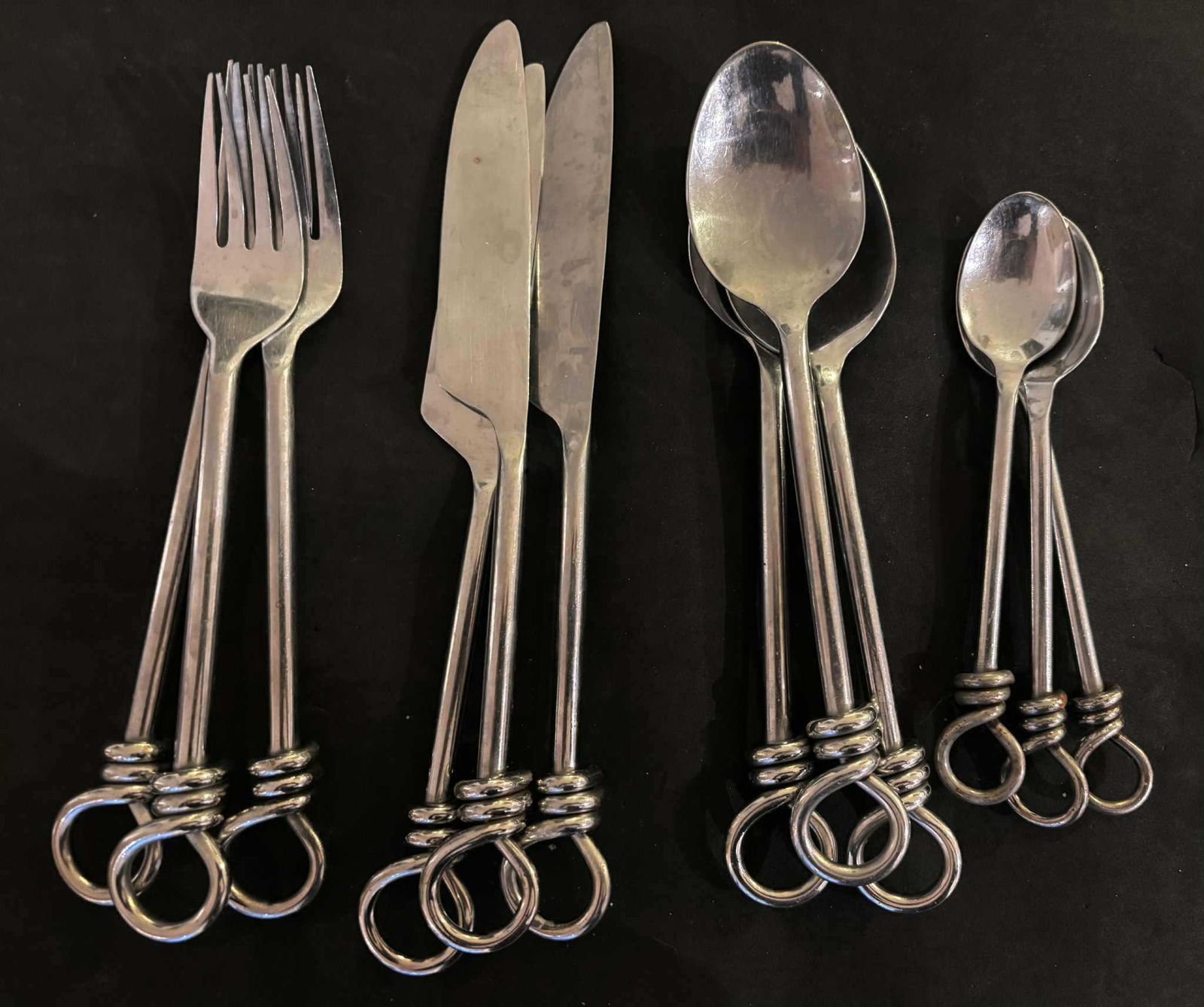 Set Of 12 Flatware Twist Cutlery French Forged Knot Twisted Ends Swirl Flatware Gift For Couple Brutalist Decor, Medieval Style Viking photo Home Decor