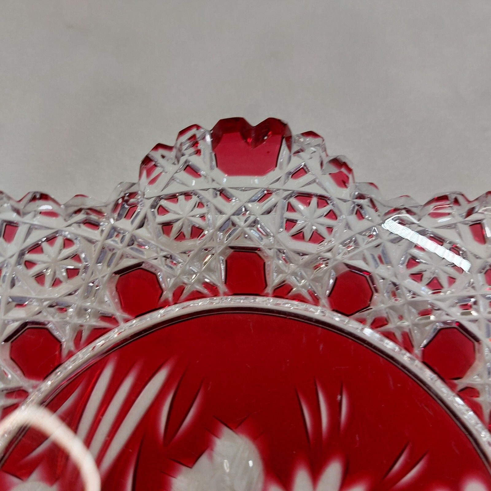 Meissen Crystal Dish Red Cut To Clear Round Floral & Star Pattern Signed photo Home Decor