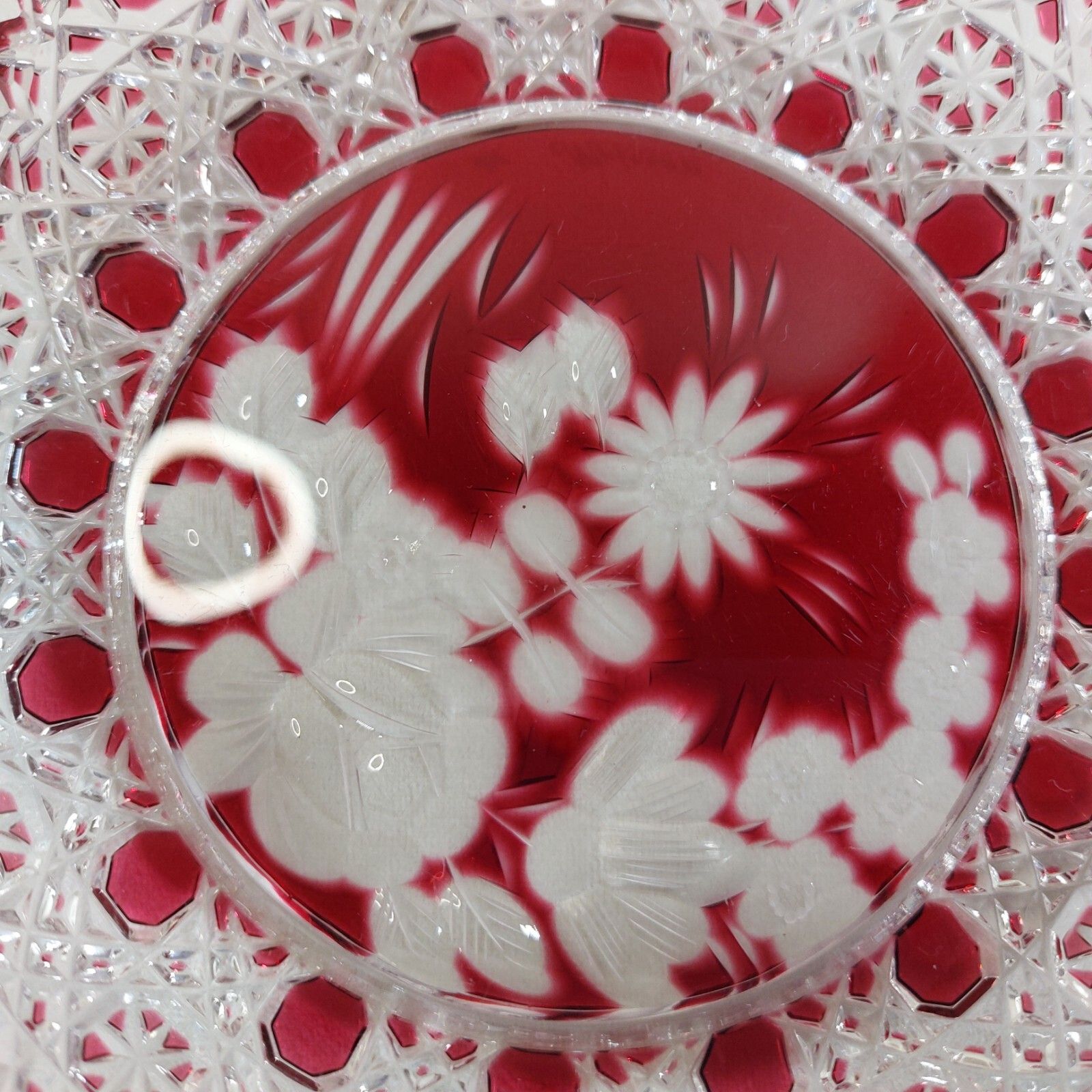 Meissen Crystal Dish Red Cut To Clear Round Floral & Star Pattern Signed photo 120.0