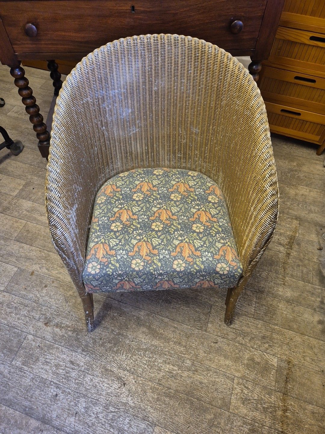 Vintage Lloyd Loom Style Chair In Gold With Multi Floral Seat photo furniture