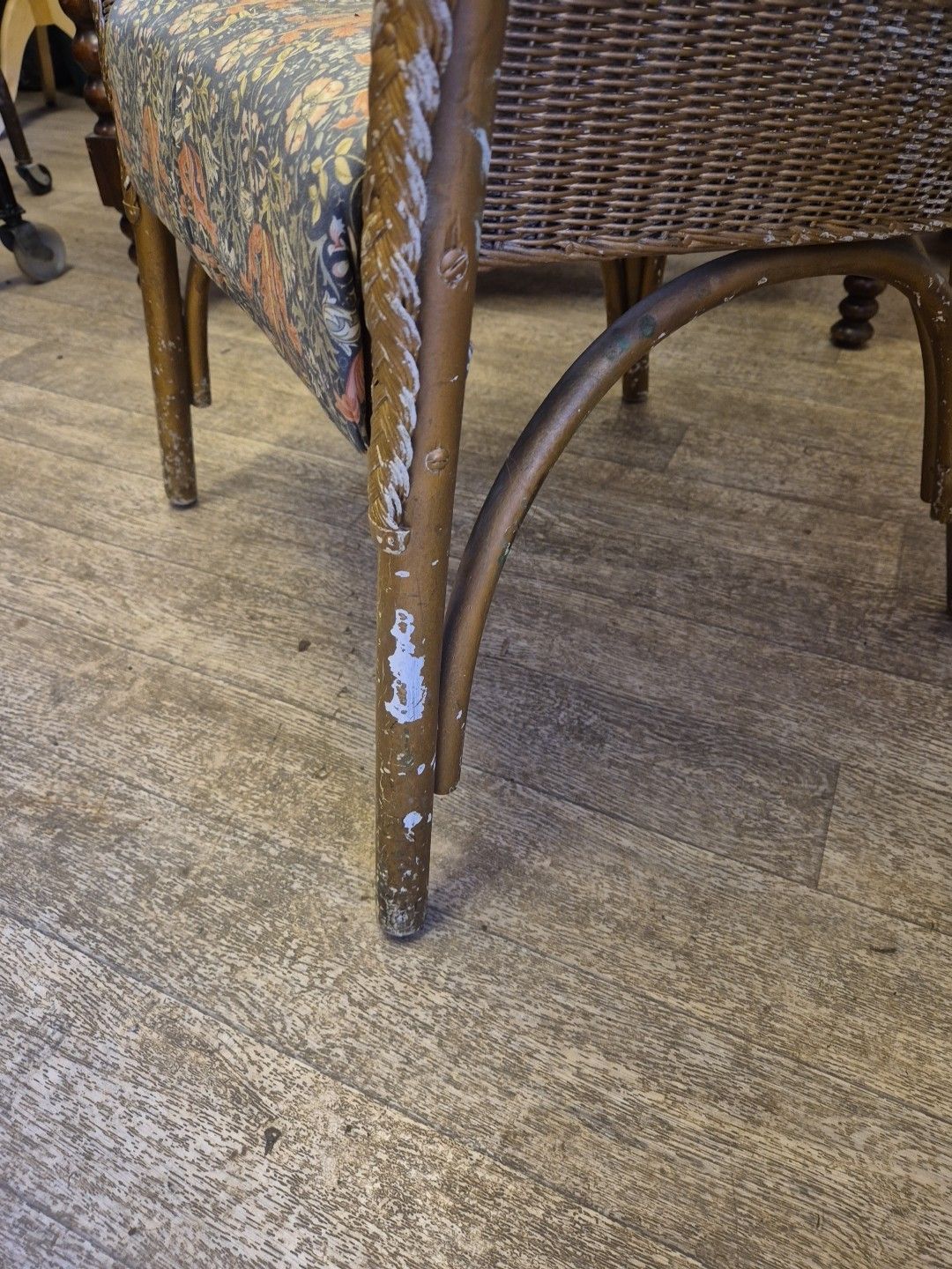Vintage Lloyd Loom Style Chair In Gold With Multi Floral Seat photo vinterior