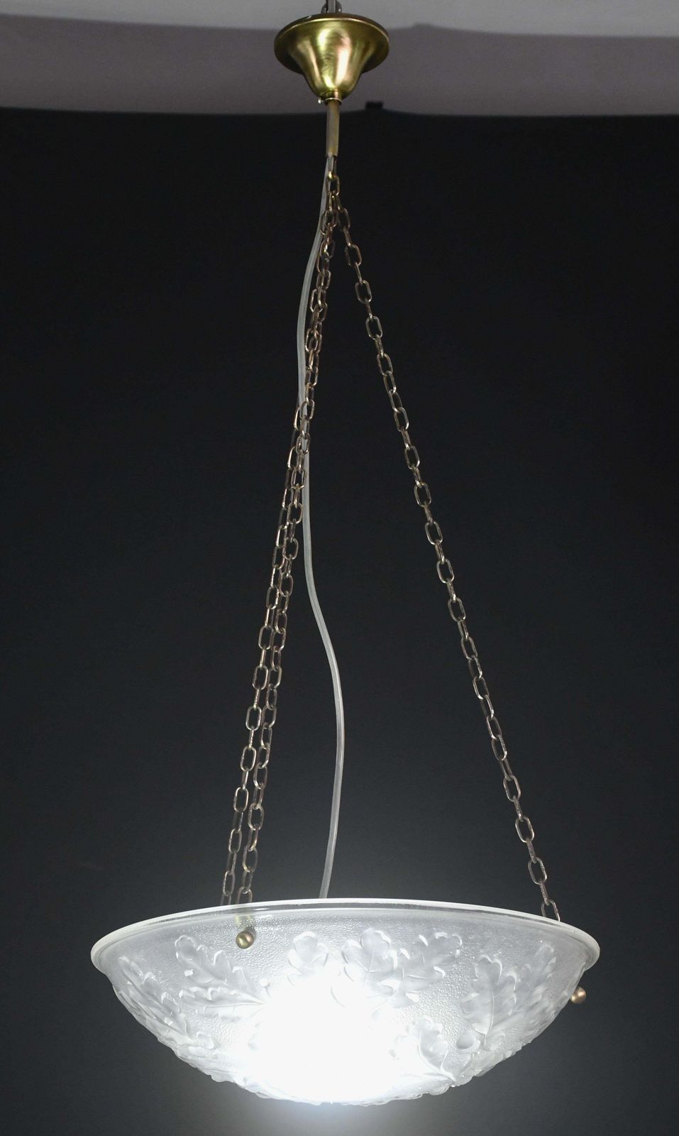 French Art Deco Glass Bowl Pendant Chandelier With Floral Pattern, 1950 photo furniture