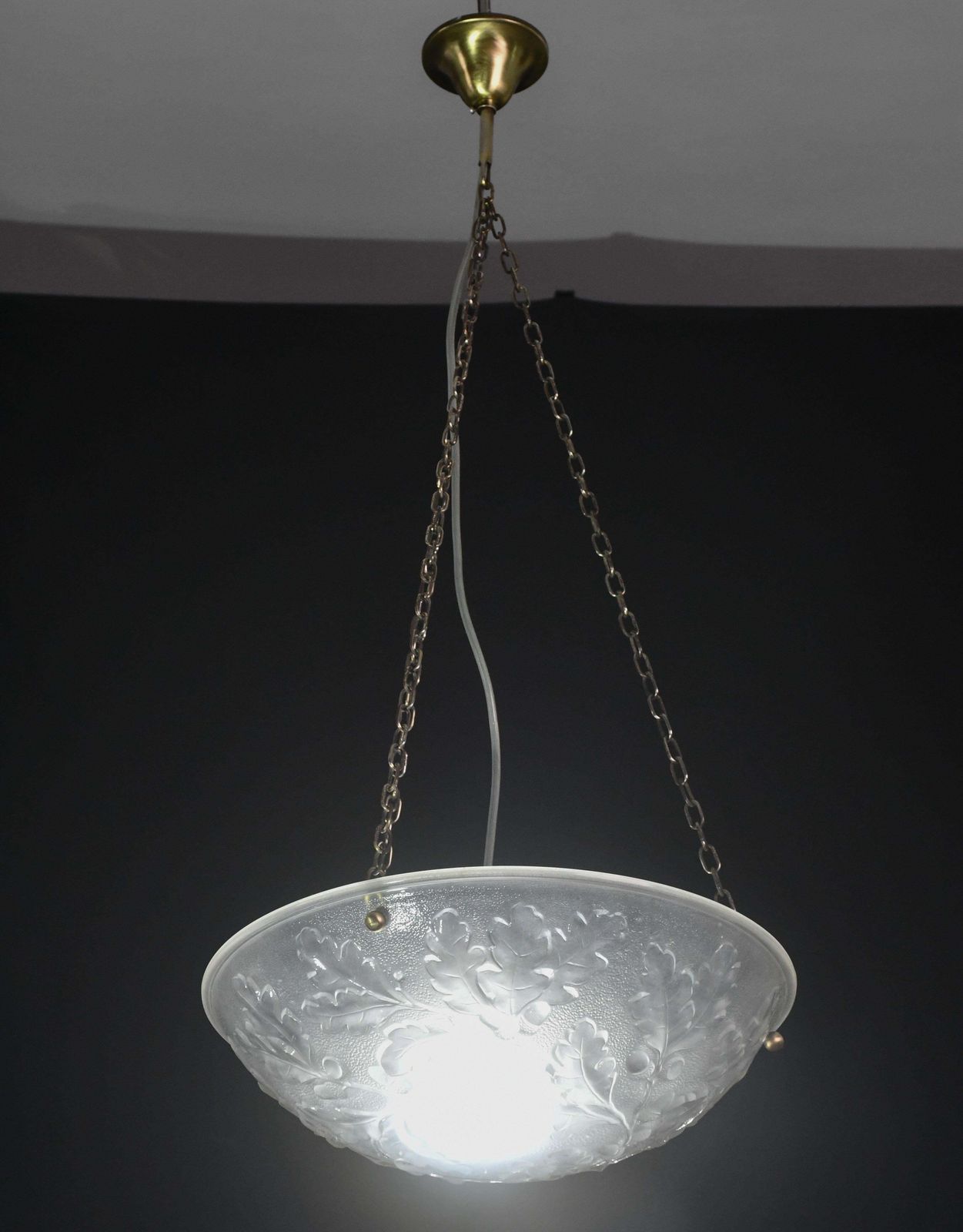 French Art Deco Glass Bowl Pendant Chandelier With Floral Pattern, 1950 photo 1238.0