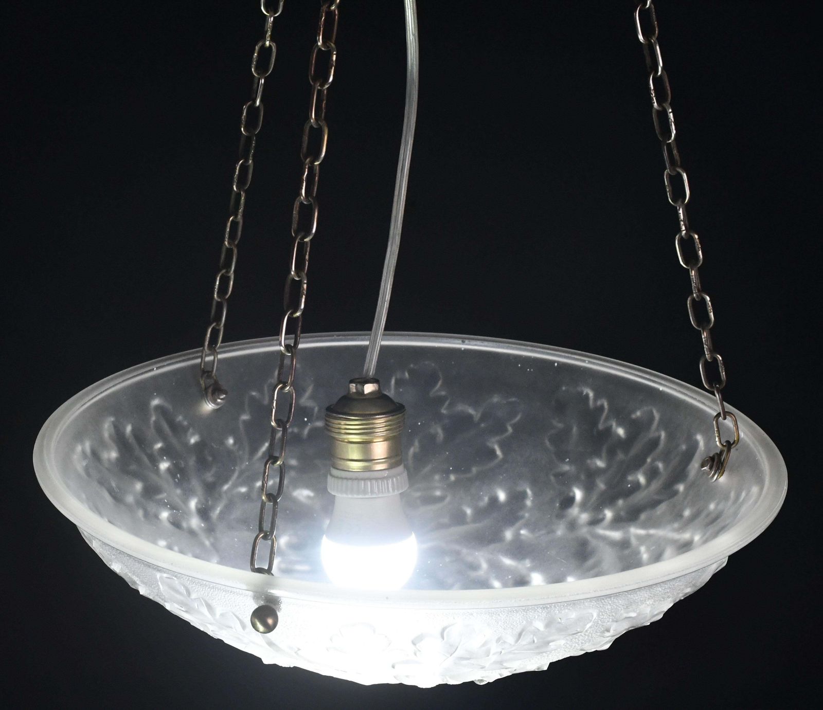 French Art Deco Glass Bowl Pendant Chandelier With Floral Pattern, 1950 photo vinterior