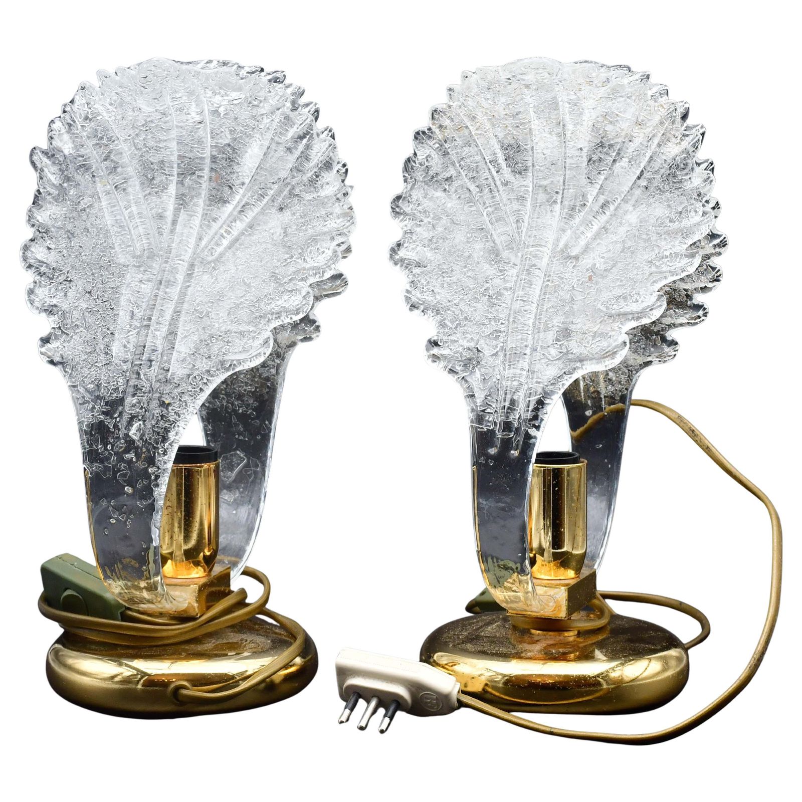 Set Of 2 Murano Glass "Swan Shape" Table Lamps Trasparent Leaves
