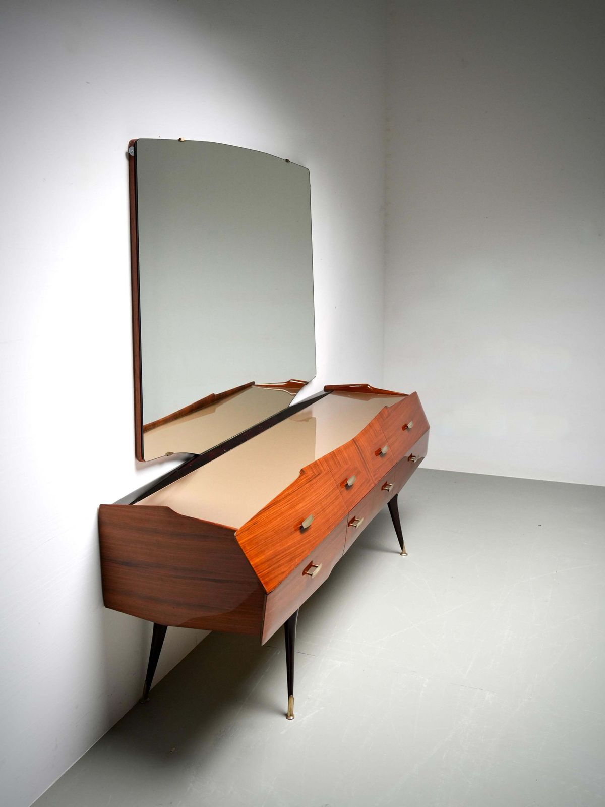 photo for sale Italian Credenza With Mirror In Wood, Glass And Brass, Italy, 1960's