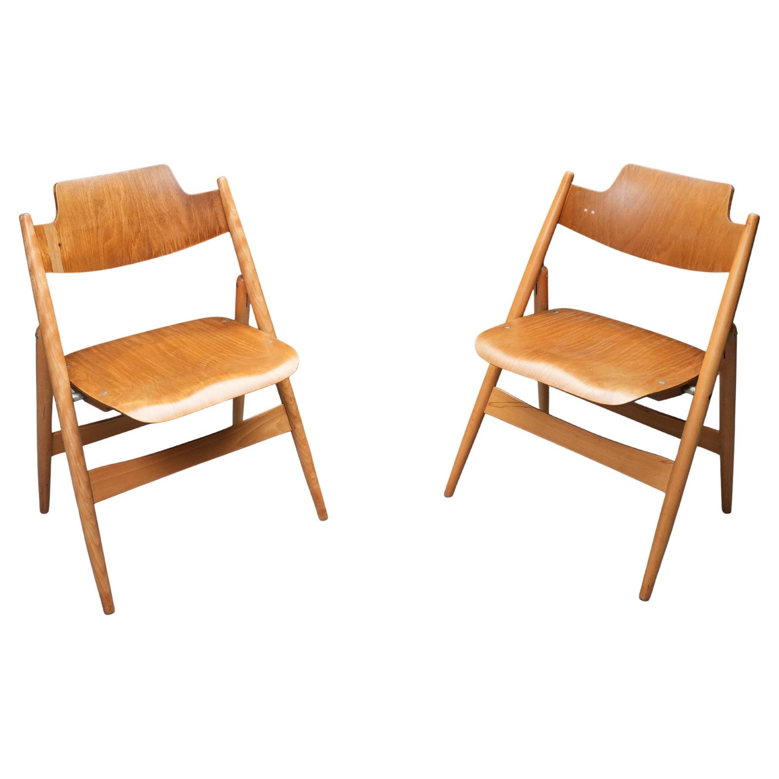 Set Van 2 Egon Eiermann Klapstoelen In Beukenhout En Metaal, Duitsland, Ca. Jaren 1950