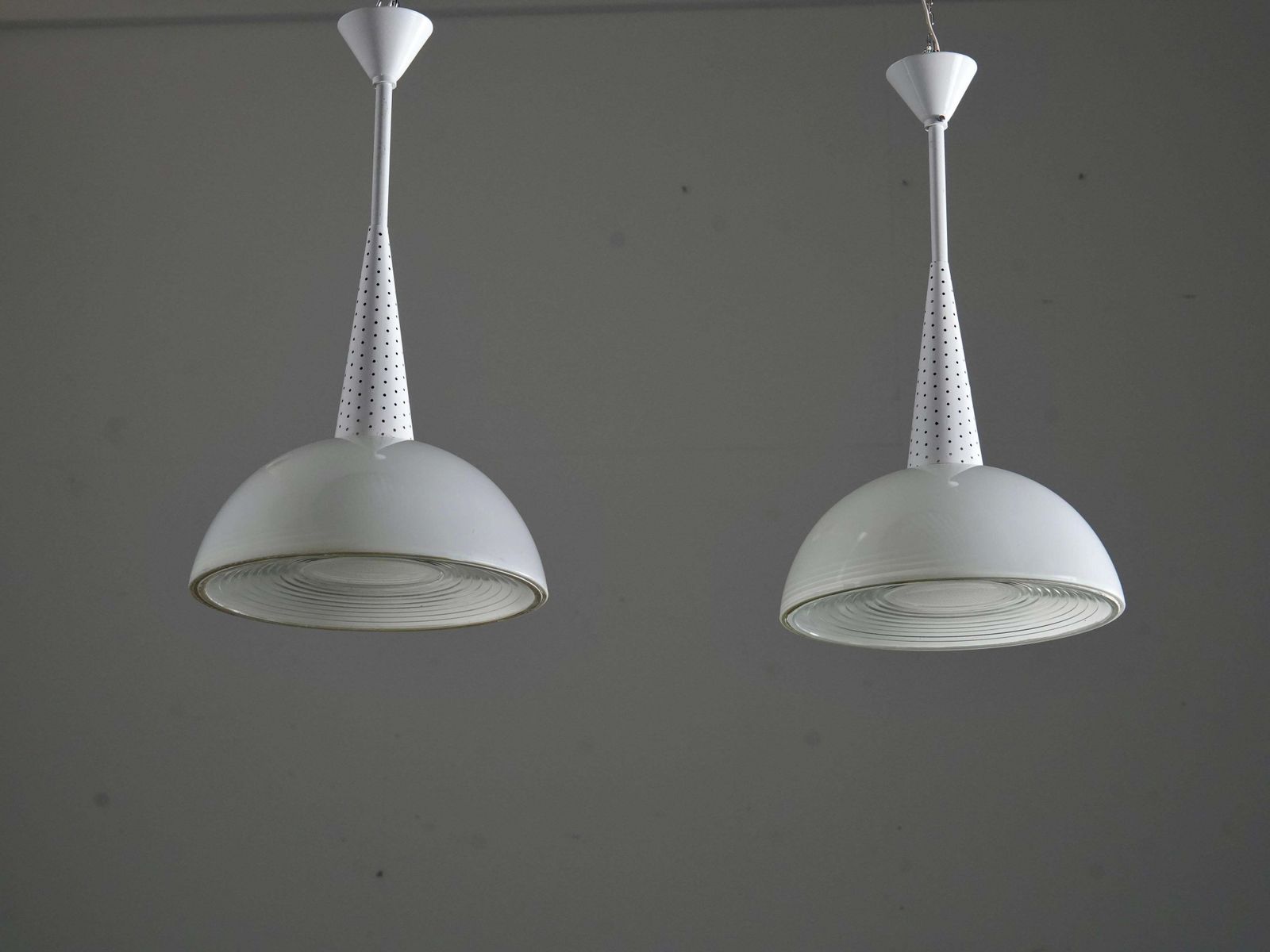 Set Of 2 Mathieu Matégot For Holophane Ceiling Lamps In Metal And Glass, 1960's photo for sale
