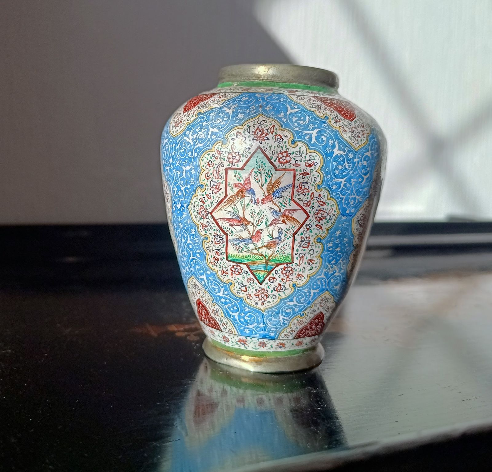 Antique Persian Enamelled Miniature Copper Vase: Isfahan  Hand Painted Birds And Flowers, Qajar Era C. 1900 photo 150.0