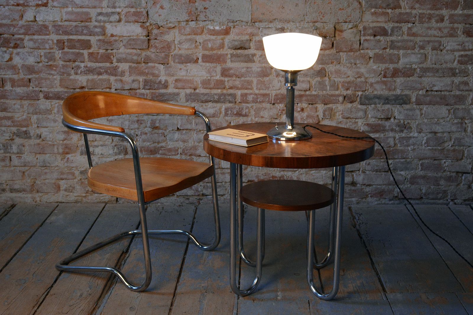 Restored Bauhaus Table Lamp, Chrome, Steel, Opaline Glass, Czech, 1930s photo furniture