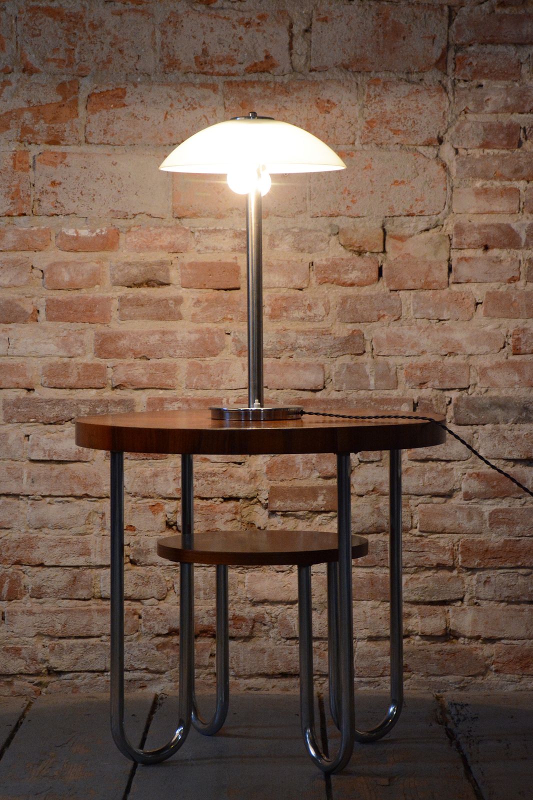 Restored Bauhaus Table Lamp, Chrome, Steel, Opaline Glass, Czech, 1930s photo furniture