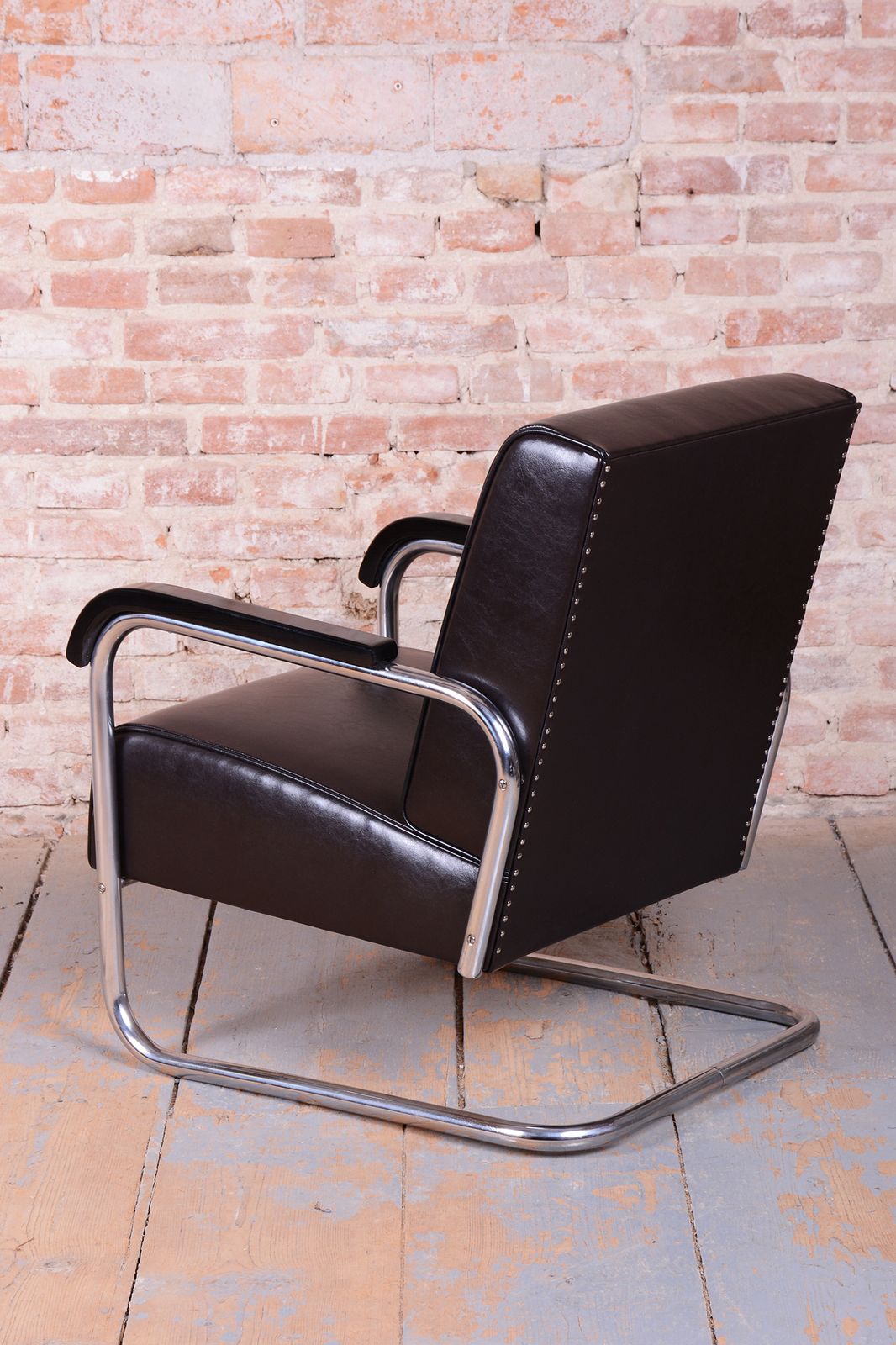 Restored Bauhaus Armchair, By Hynek Gottwald, Chrome, Leather, Czech, 1930s photo 1700.0
