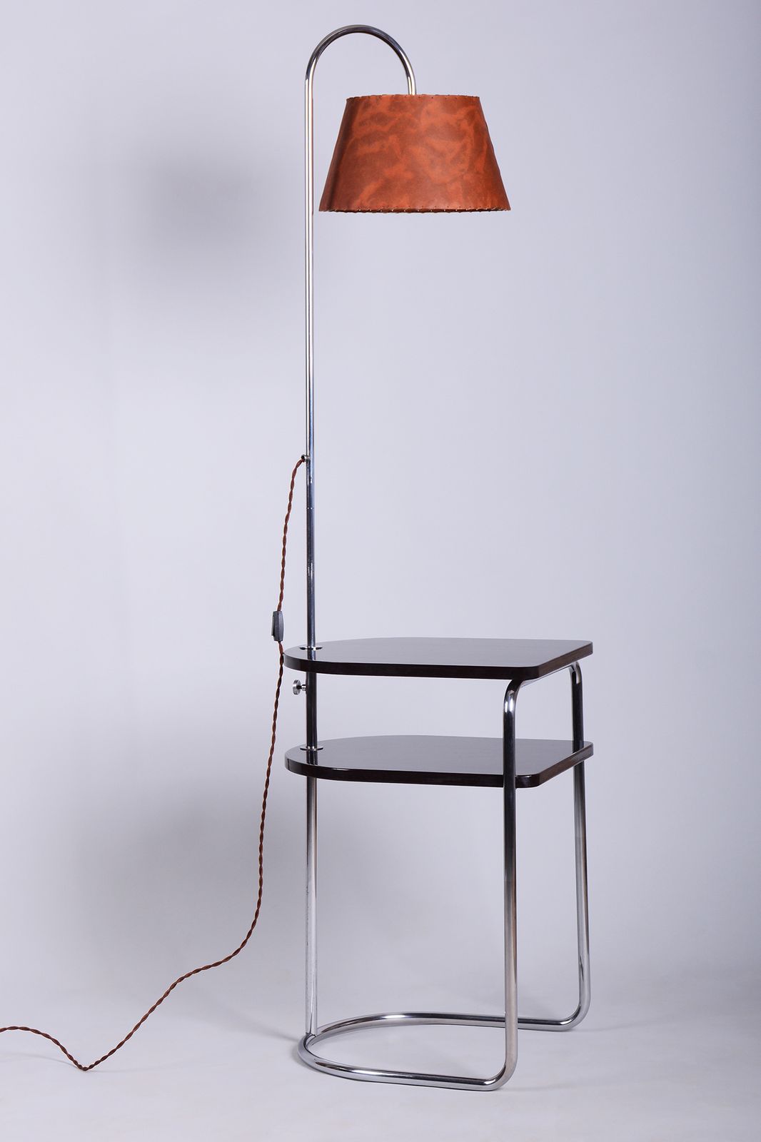 Restored Bauhaus Floor Lamp, By Thonet, Chrome, Oak, Chrome, Czech, 1930s
