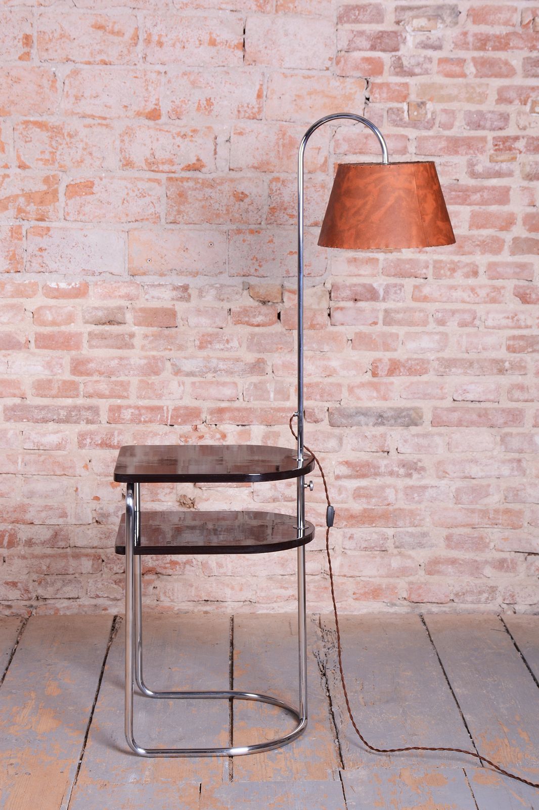 Restored Bauhaus Floor Lamp, By Thonet, Chrome, Oak, Chrome, Czech, 1930s photo Lighting