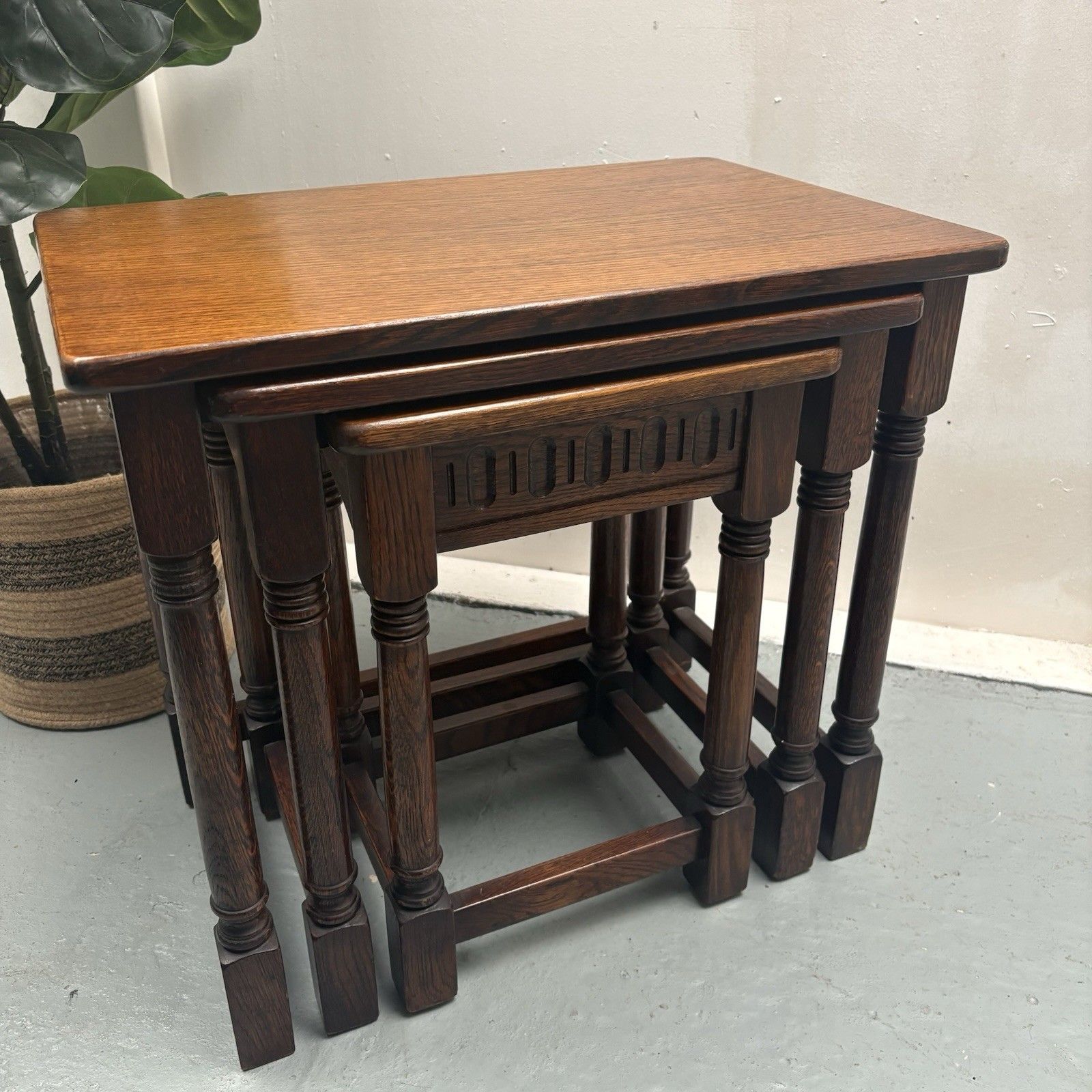 Vintage Priory Solid Oak Nest Of Three Tables Old Charm Style