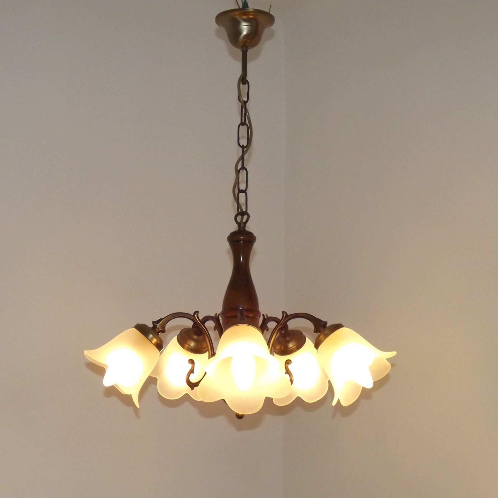 French Mid Century Bronzed Effect Metal & Wood 5 Light Chandelier With White Opaque Glass Flower Shades photo furniture