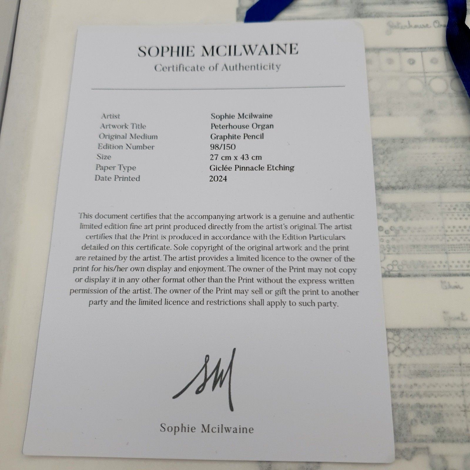 Sophie Mcilwaine Signed Lim.Ed Print Peterhouse Organ 98/150 Boxed H43cmxw27cm photo furniture