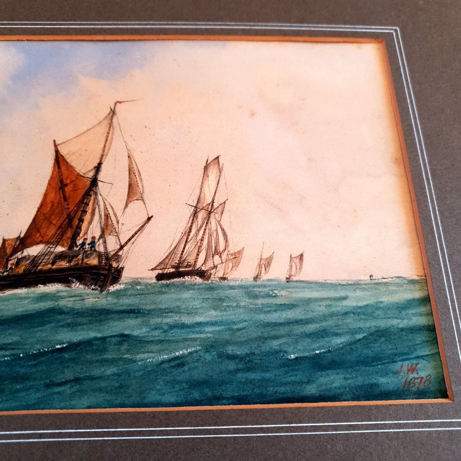 Antique Maritime Watercolour Signed J.W 1878 Fishing Fleet Scene L38x32cm Framed photo buy