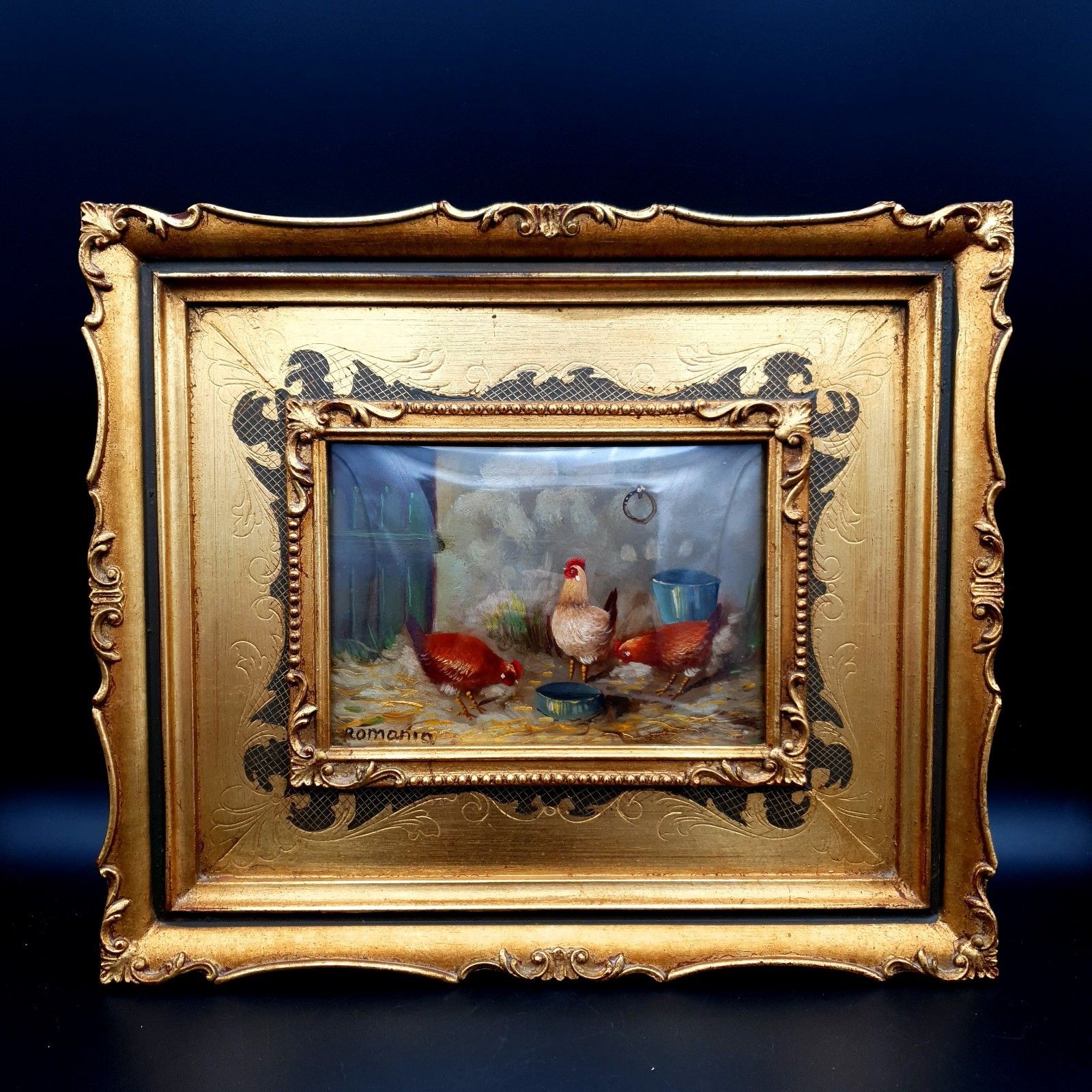 Italian Gaetano Romania Oil Painting Chickens Rococo Style Frame L33.5x28.5cm